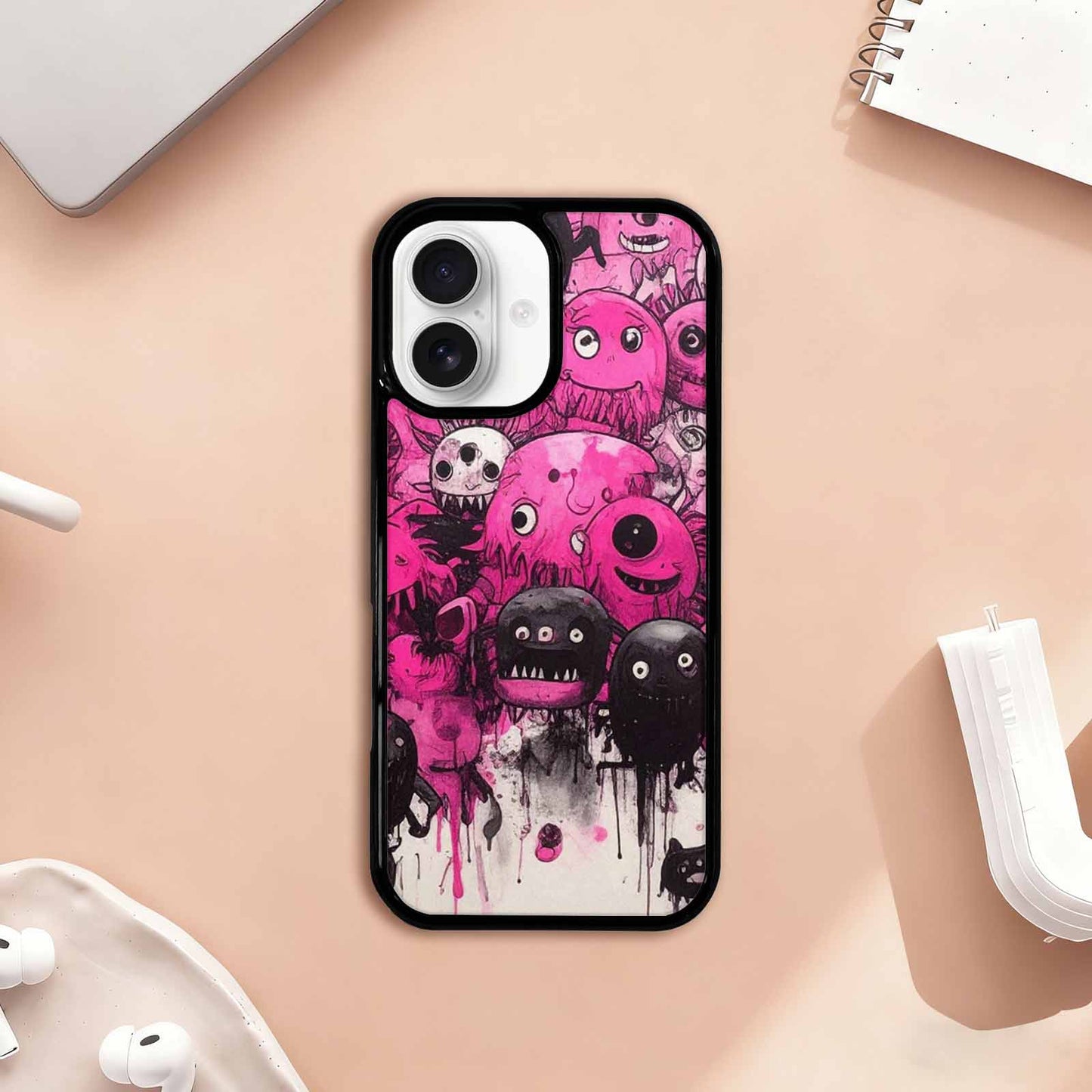 iPhone 17 Case — Black & Pink Ink Cartoon Cute, Custom Printed Phone Case