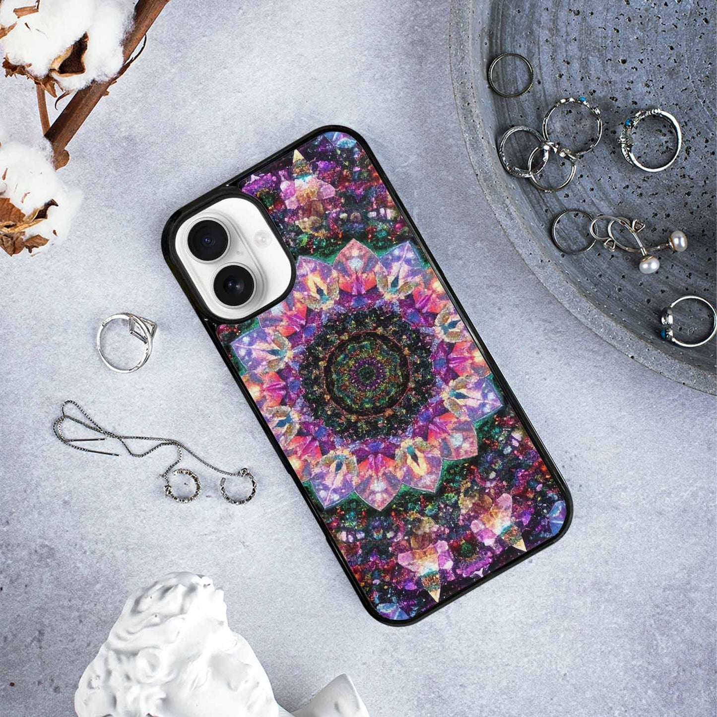 iPhone 16 Plus Case — Crystal Mandala Art Seamless Pattern Vibrant, Original Design Phone Case