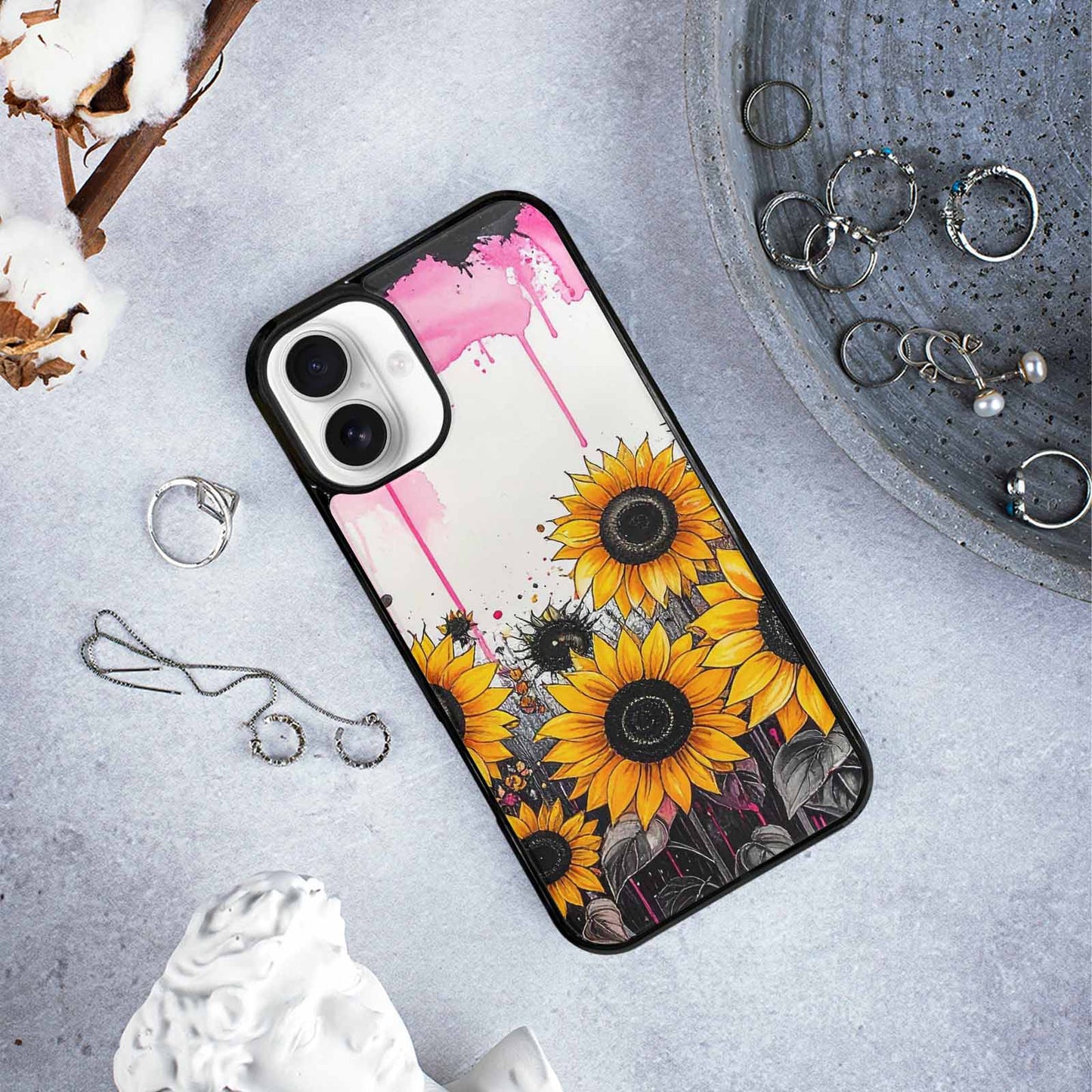 iPhone 16 Plus Case — Sunflower Burst Black Pink Ink Sunflowers, Custom Art Phone Cover