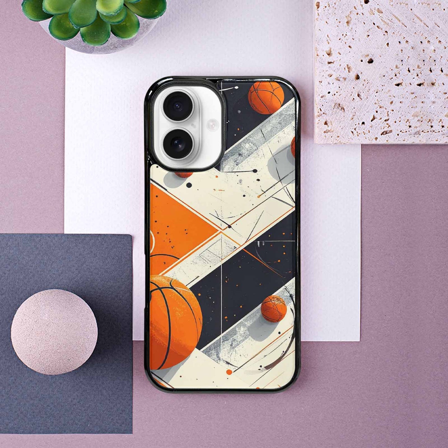 iPhone 16 Case — Basketball Pattern Court Lines And Balls, Custom Printed Phone Case