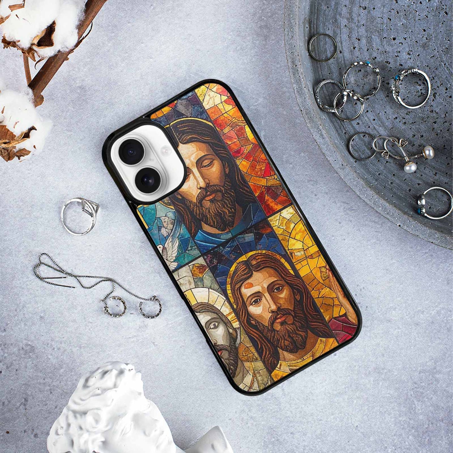 iPhone 16 Plus Case — Jesus Face Small Cross And Faith, Original Design Phone Case