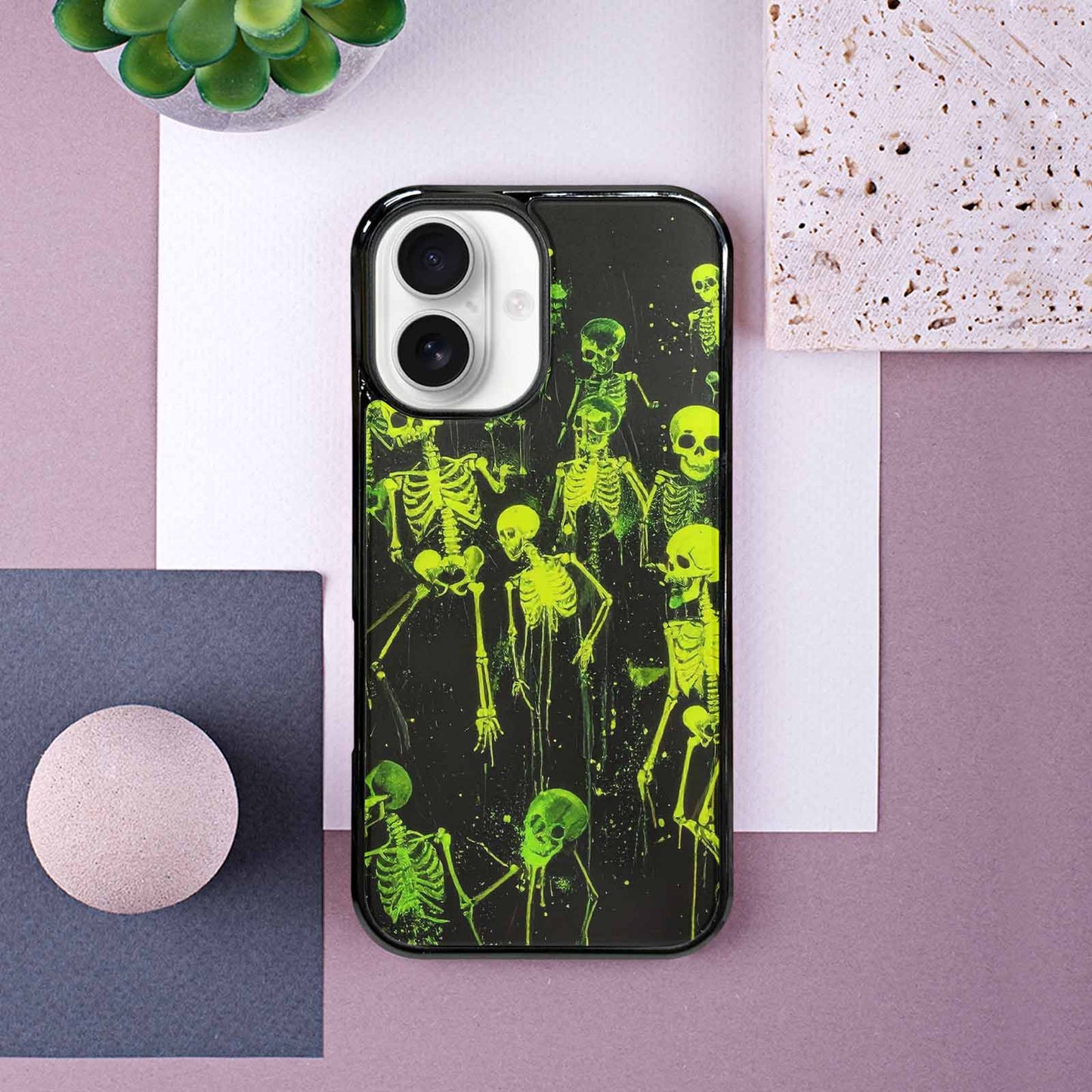 iPhone 16 Case — Skeletons Neon Green Glow Skeletons Pattern, Custom Phone Case