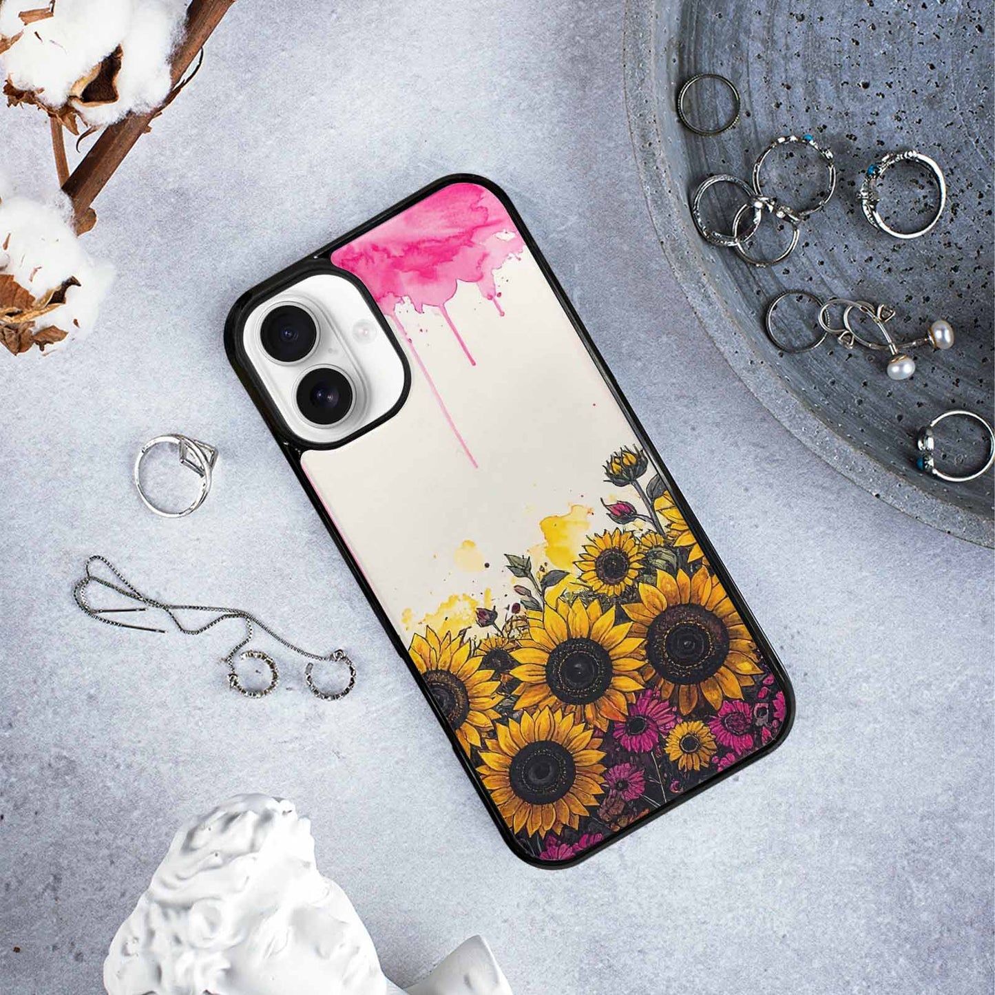 iPhone 16 Plus Case — Sunflower Burst Black Pink Ink Sunflowers, Custom Designed Case Cover