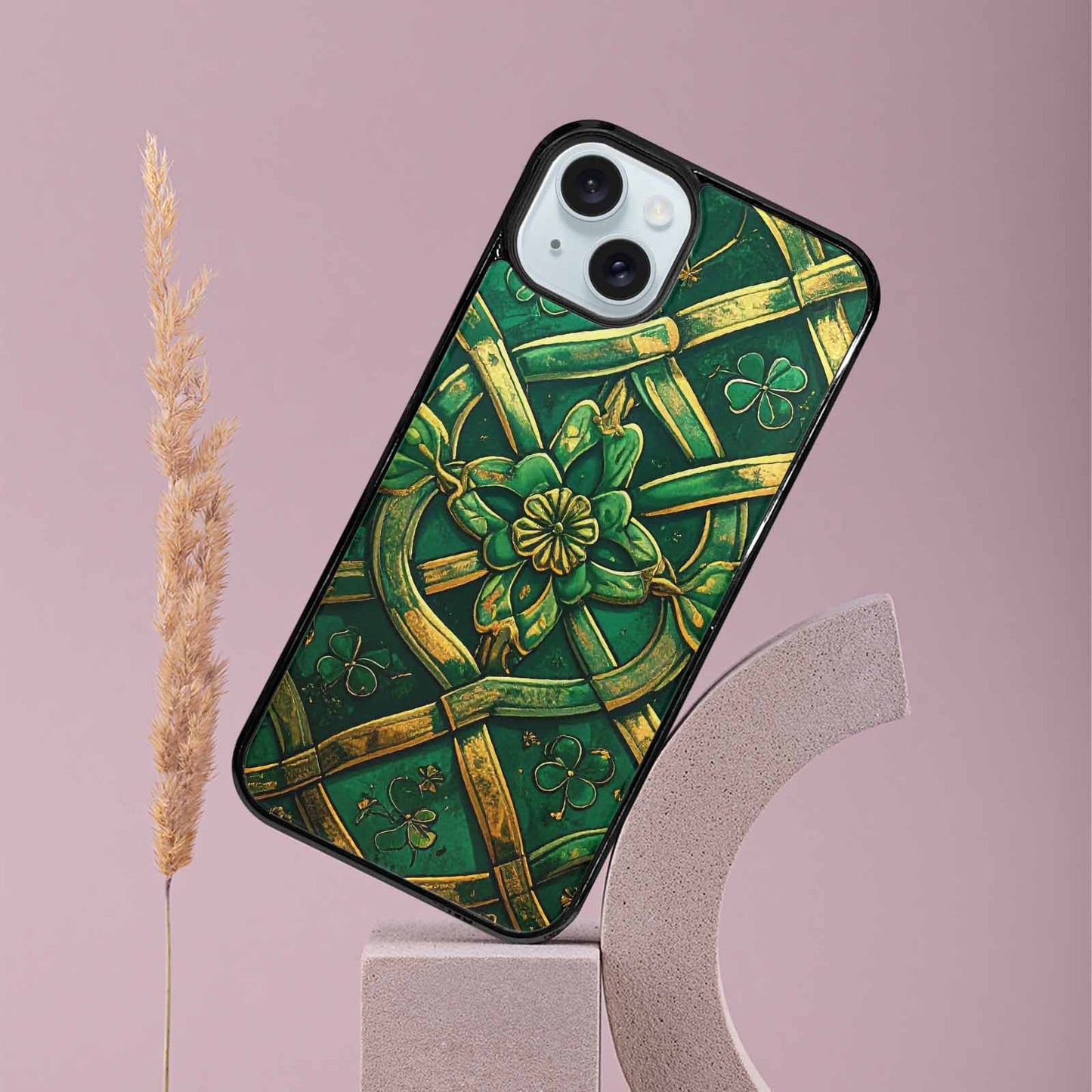iPhone 15 Plus Case — Irish Celtic Knot Pattern Shamrocks Seamless, Custom Printed Phone Case