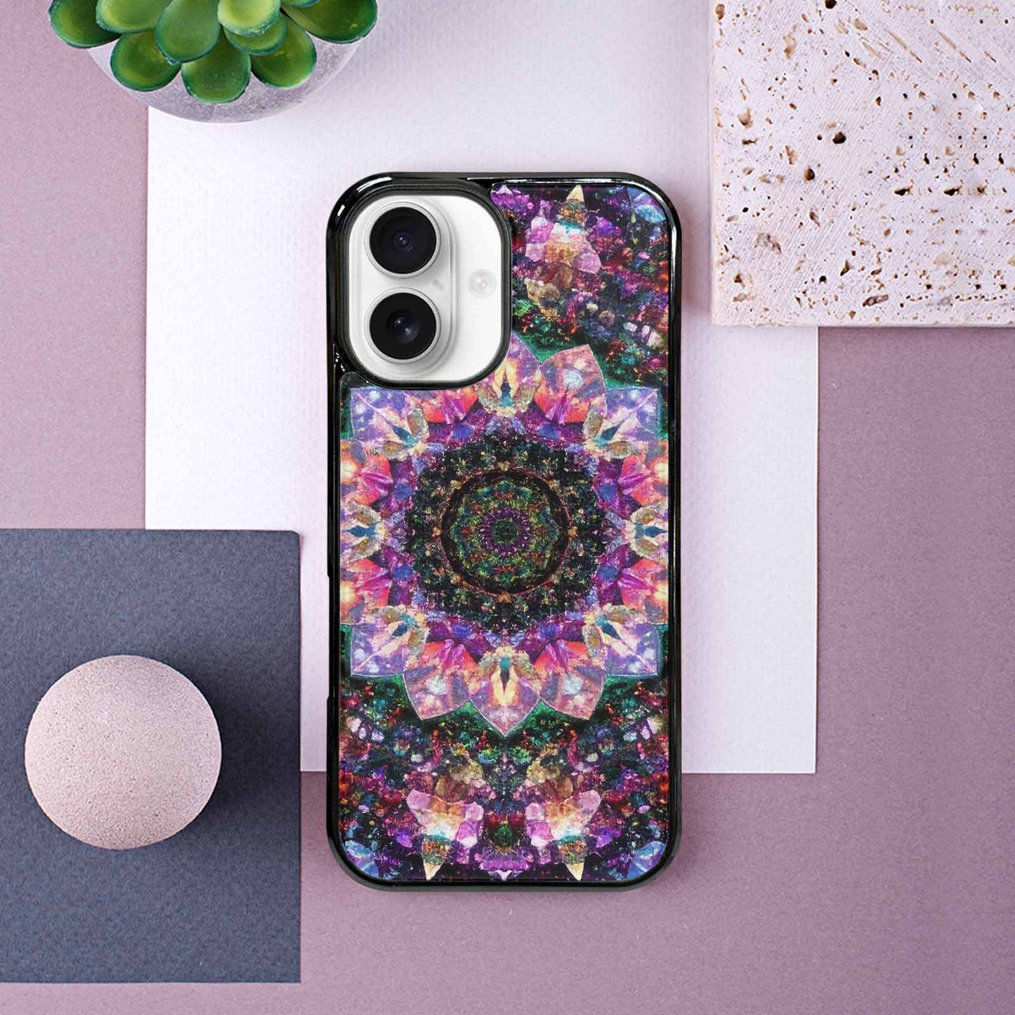 iPhone 16 Case — Crystal Mandala Art Seamless Pattern Vibrant, Custom Phone Case