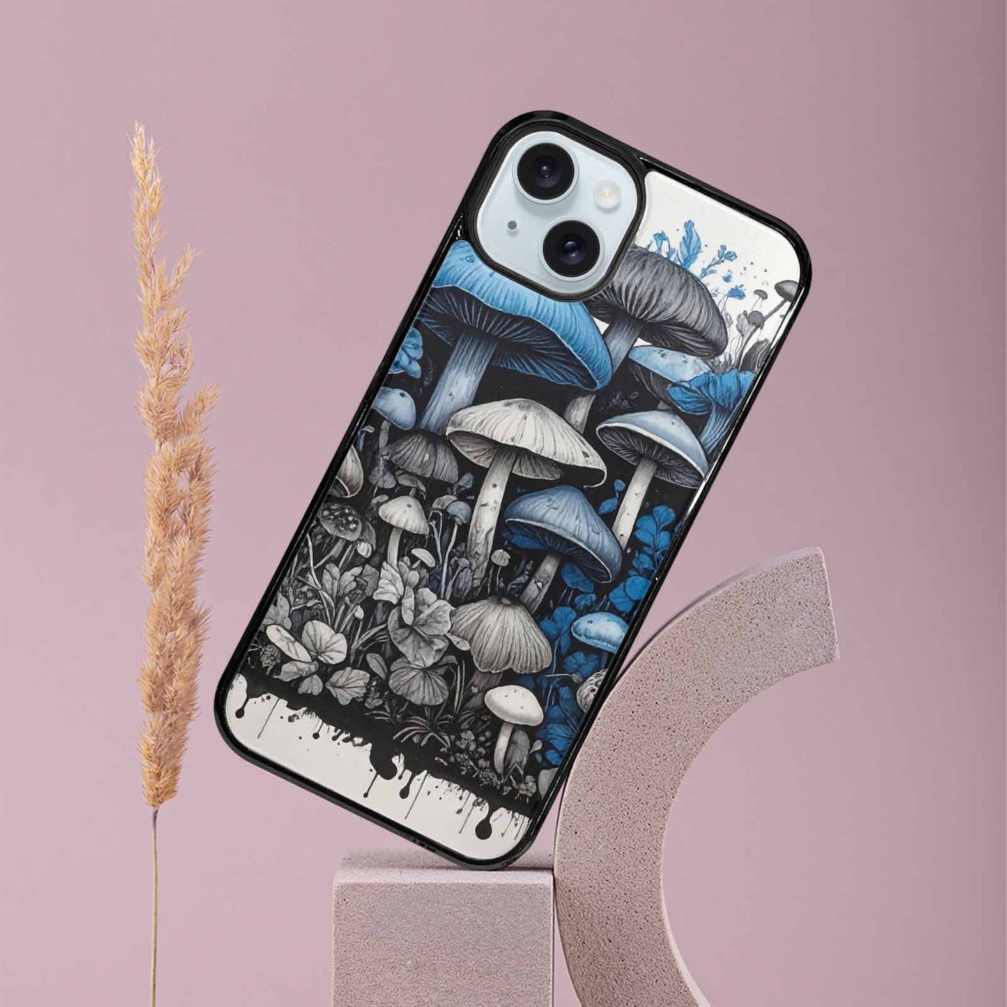 iPhone 15 Plus Case — Mushrooms General Black Blue Ink Mushrooms, Custom Art Phone Cover