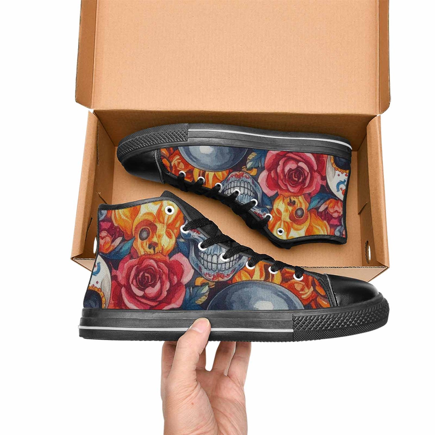 WOMEN'S Skull High Top Canvas Wallpaper Art Custom Sneakers