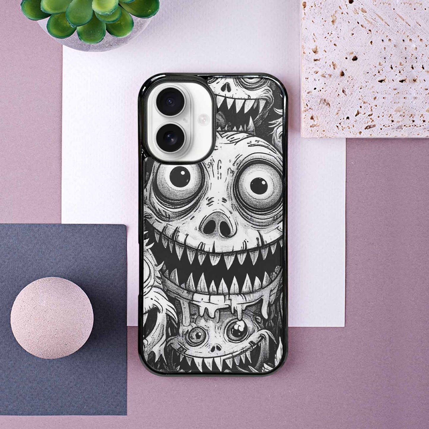 iPhone 16 Case — Black And White Monster Face Collage, Custom Printed Phone Case