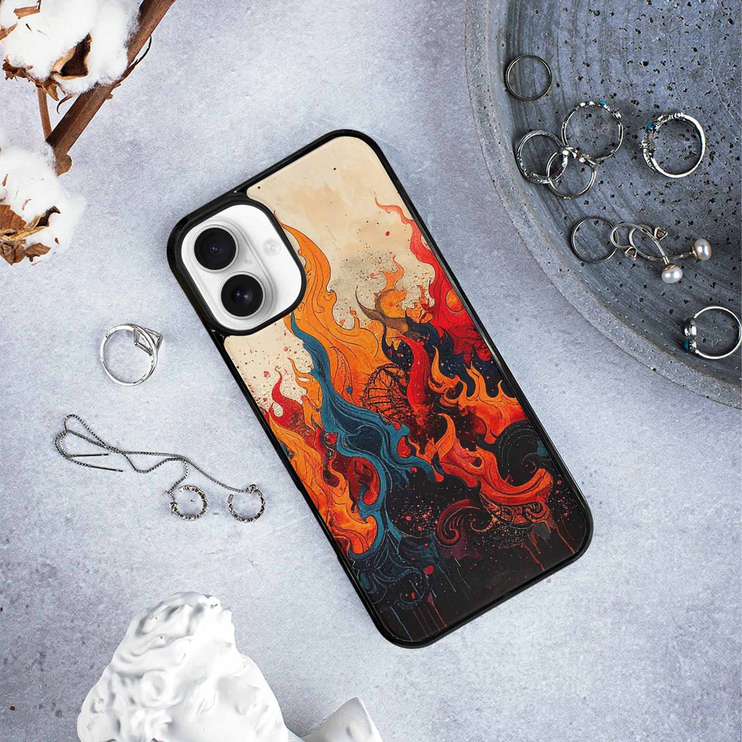iPhone 16 Plus Case — Flame Burst Black Red Ink Flame, Customized Protective Case