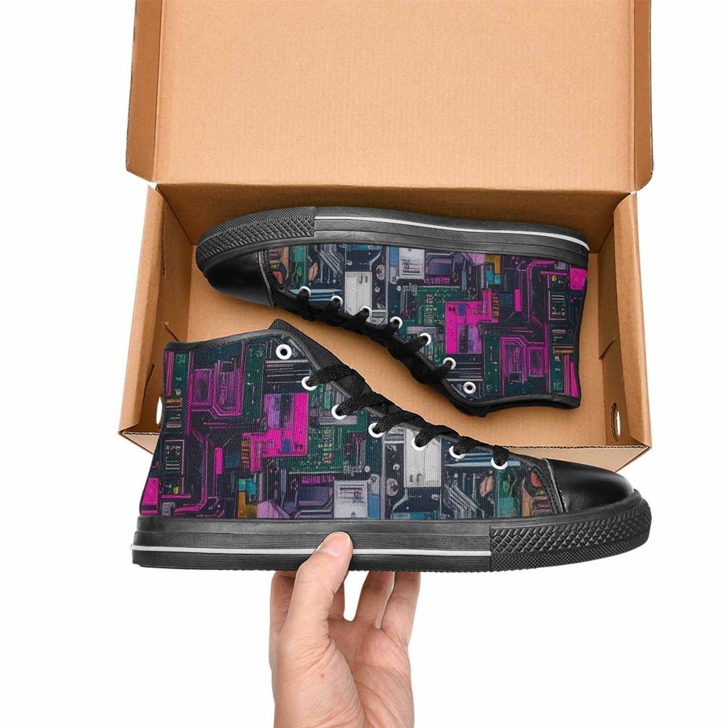 WOMEN'S Circuit Board Cyberpunk High Top Canvas Vibrant Chaos Sneakers