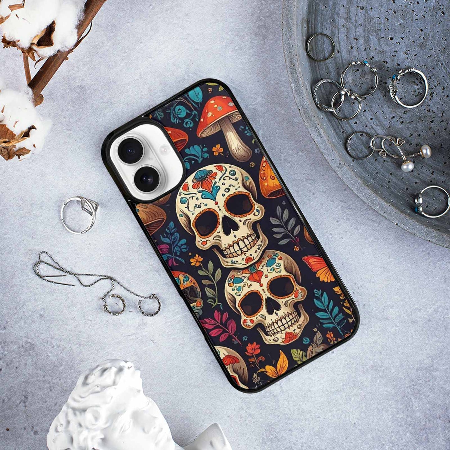 iPhone 16 Plus Case — Mushrooms And Skulls, Custom Made Phone Cover