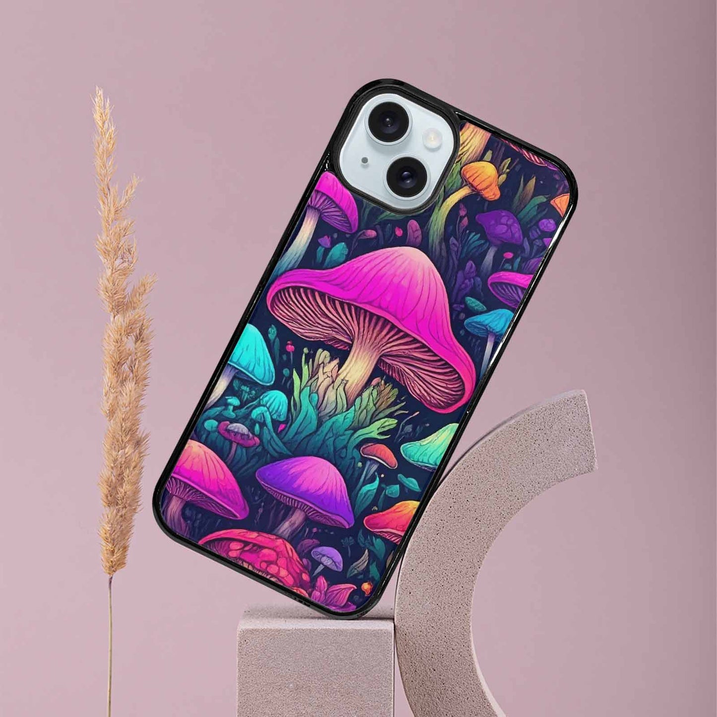 iPhone 15 Plus Case — Mushroom Psychedelic Art Seamless Pattern Vibrant, Custom Printed Phone Case