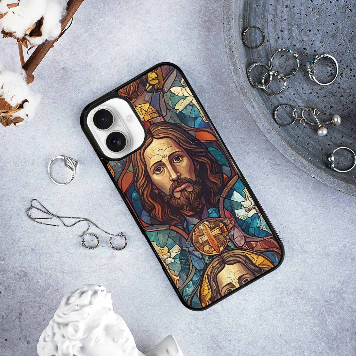 iPhone 16 Plus Case — Jesus Face Small Cross And Faith, Personalized Phone Case