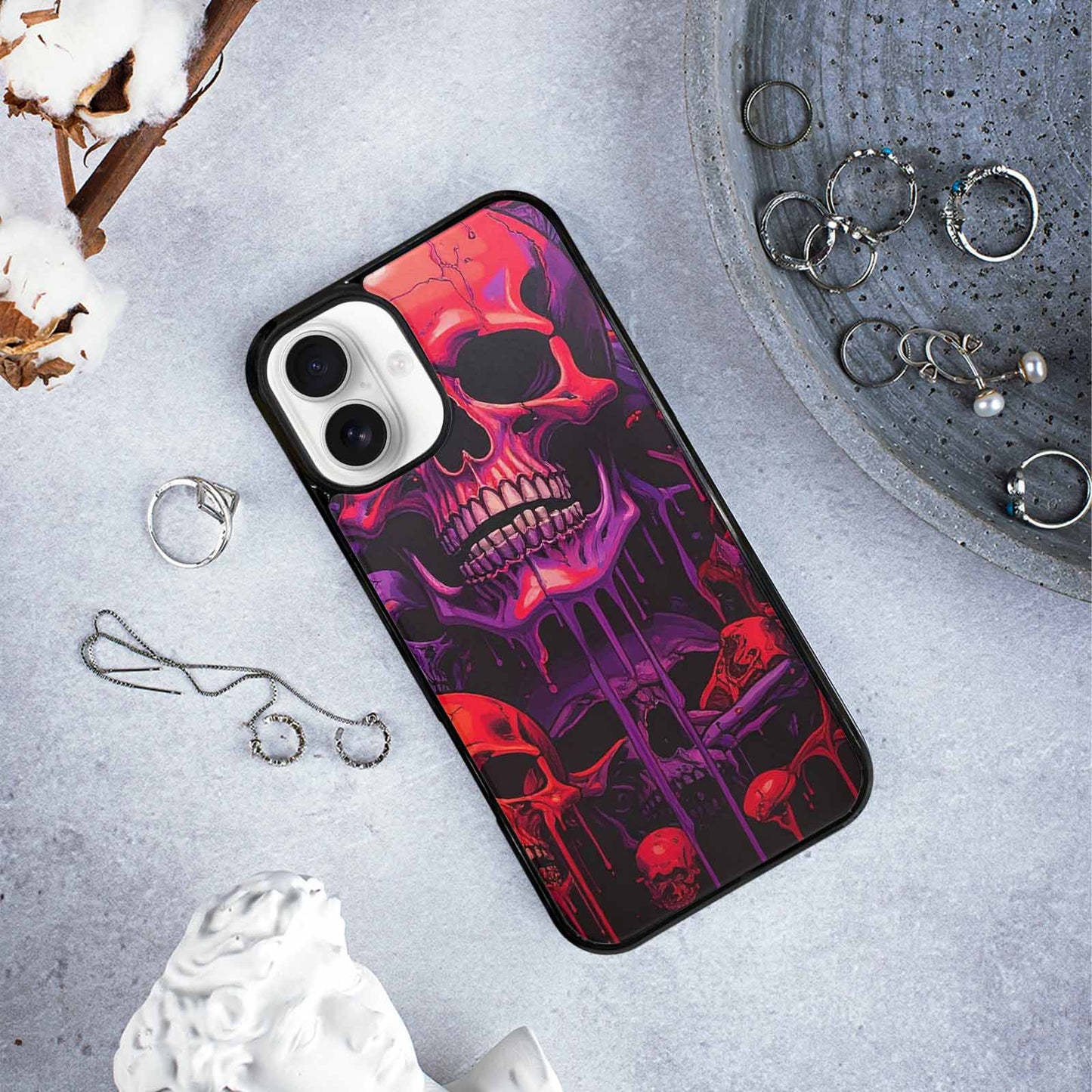 iPhone 16 Plus Case — Red Purple Skeletons Neon Drip Melting, Custom Printed Phone Case