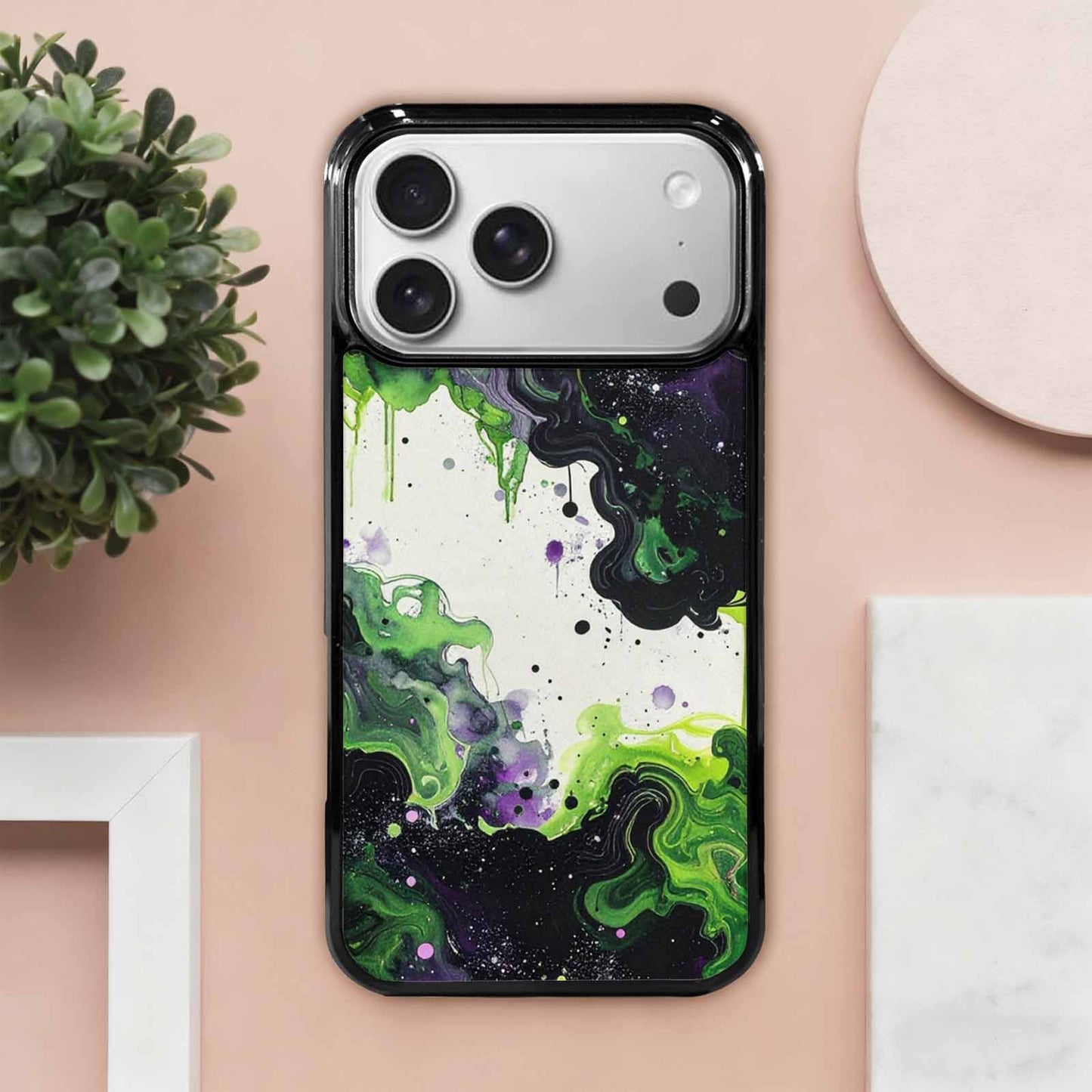 iPhone 17 Pro Max Case — Black & Green Ink Galaxy Space, Custom Phone Case
