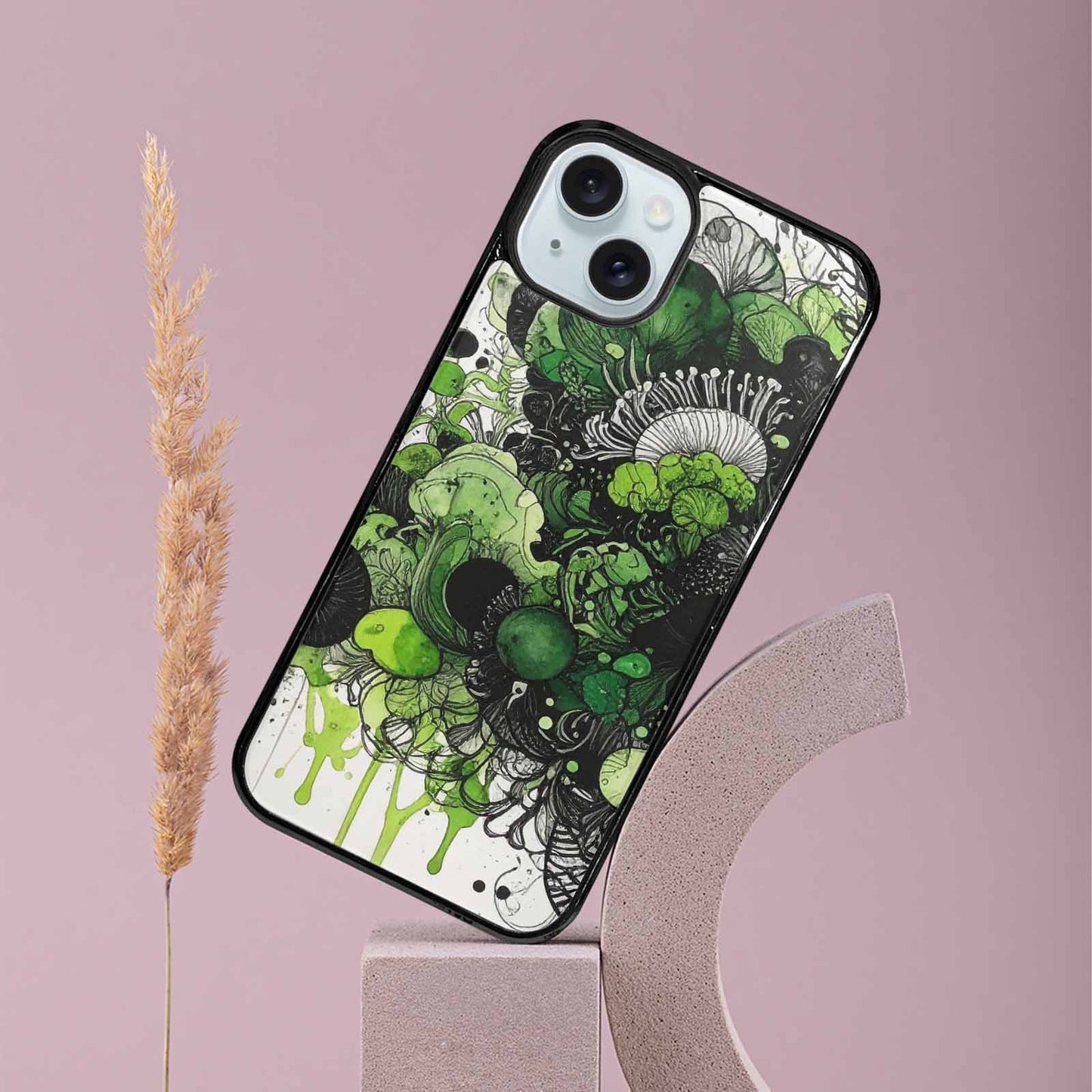iPhone 15 Plus Case — Sea Creature Burst Black Green Ink, Original Design Phone Case
