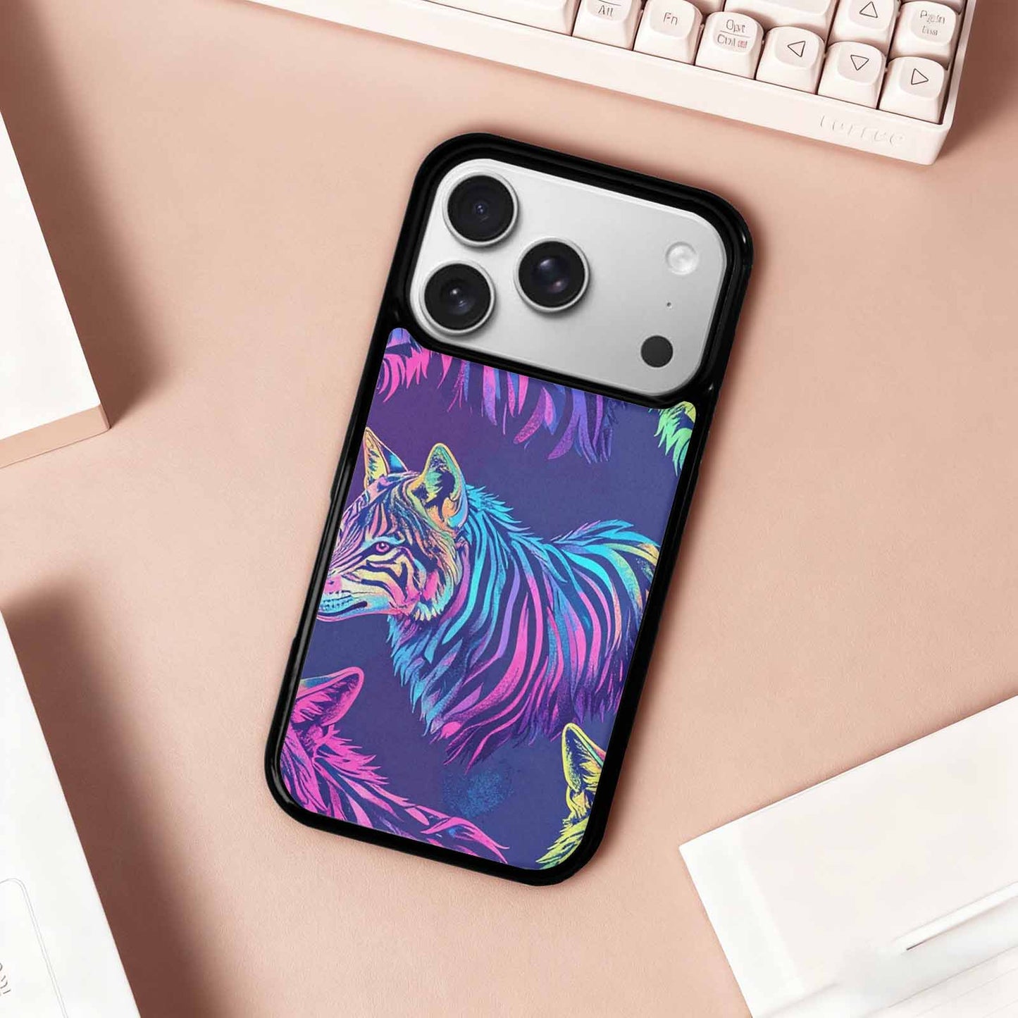 iPhone 17 Pro Case — Neon Zebra Print Wolf Animal Print, Original Design Phone Case