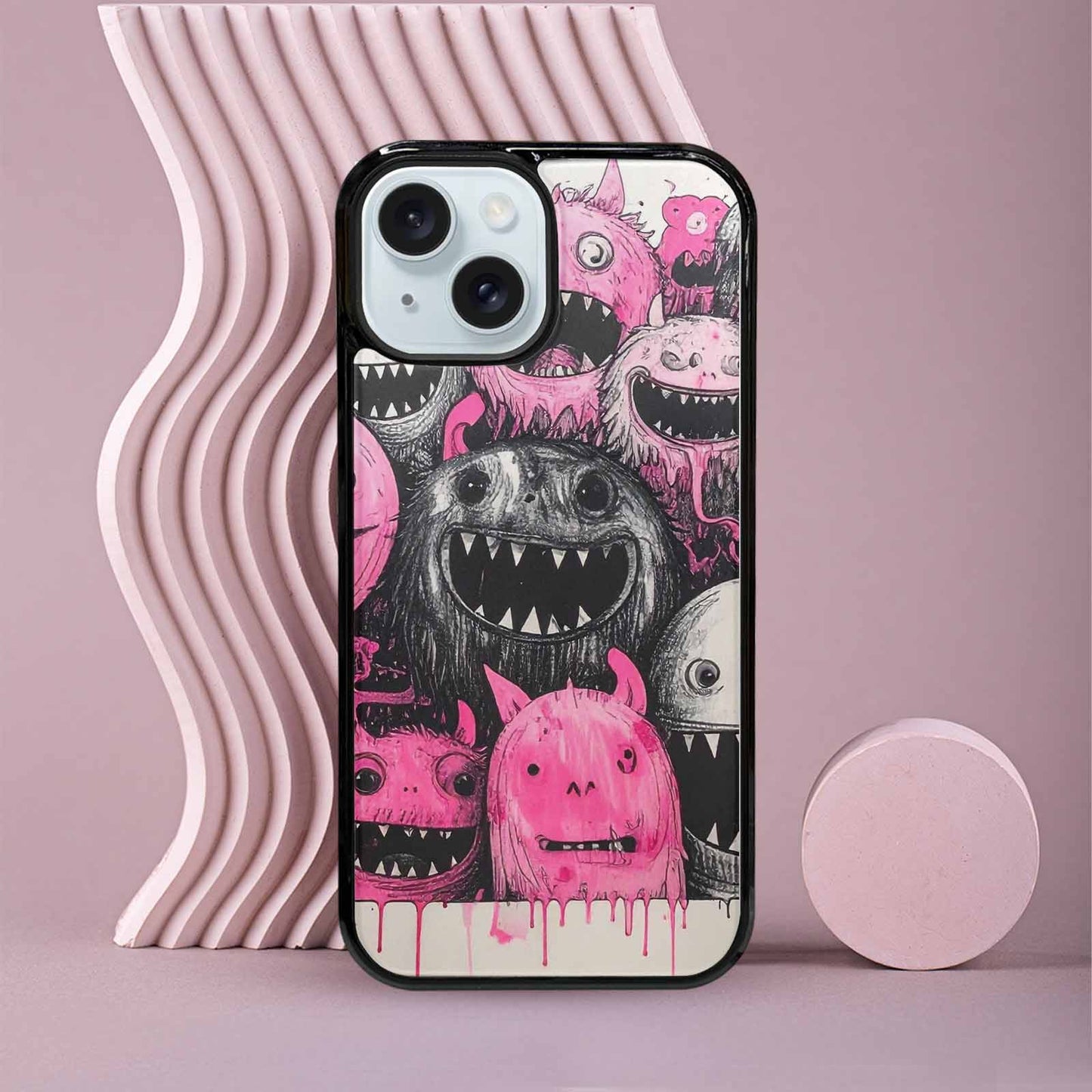 iPhone 15 Case — Monsters General Black Pink Ink Cartoon, Original Design Phone Case