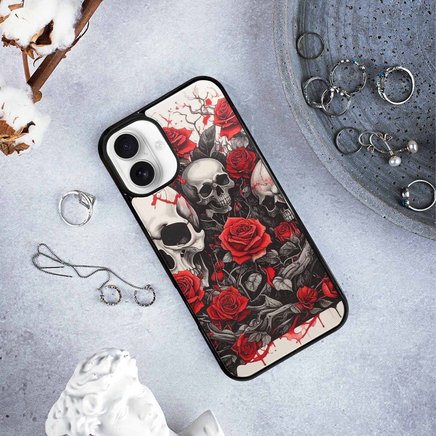 iPhone 16 Plus Case — Skull And Roses Black Red Ink, Custom Print Case Cover