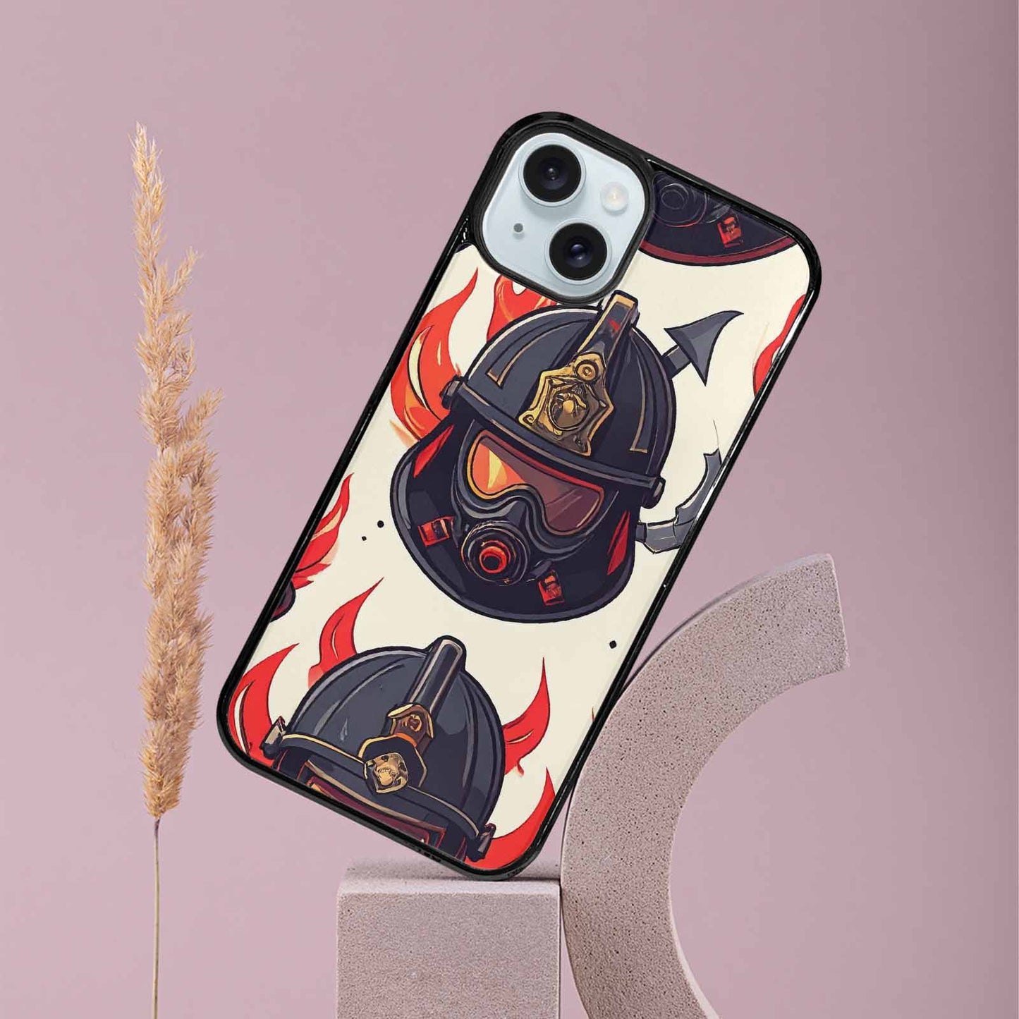 iPhone 15 Plus Case — Firefighter Pattern Flames Axes Helmets Seamless, Custom Made Phone Cover