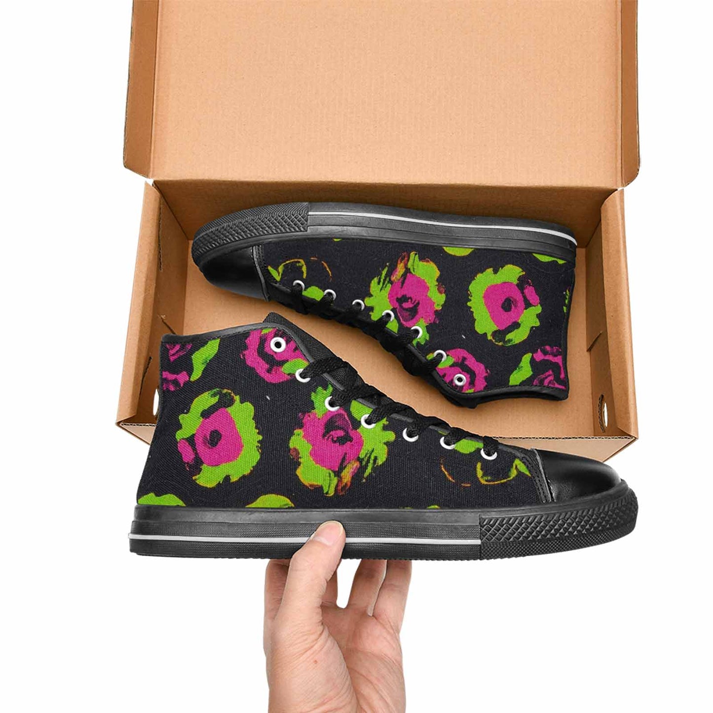 WOMEN'S Leopard Neon Rosette Black High Top Canvas Surreal Sneakers