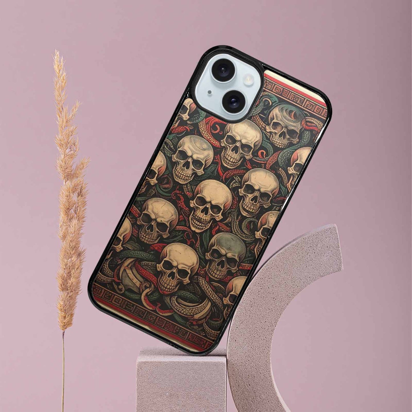 iPhone 15 Plus Case — Traditional Tattoo Style Skulls Entwined With, Custom Made Phone Cover