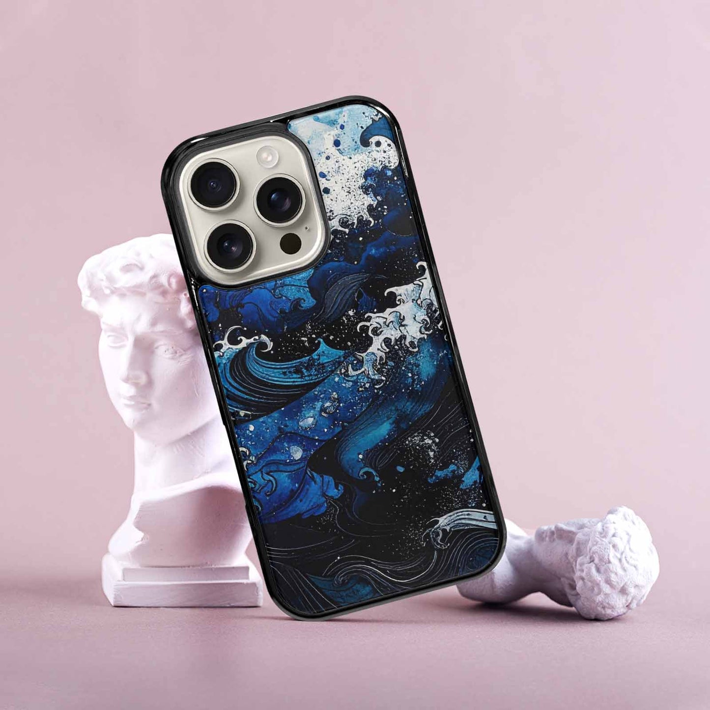 iPhone 16 Pro Case — Nautical Wave Black Blue Ink Wave, Original Design Phone Case
