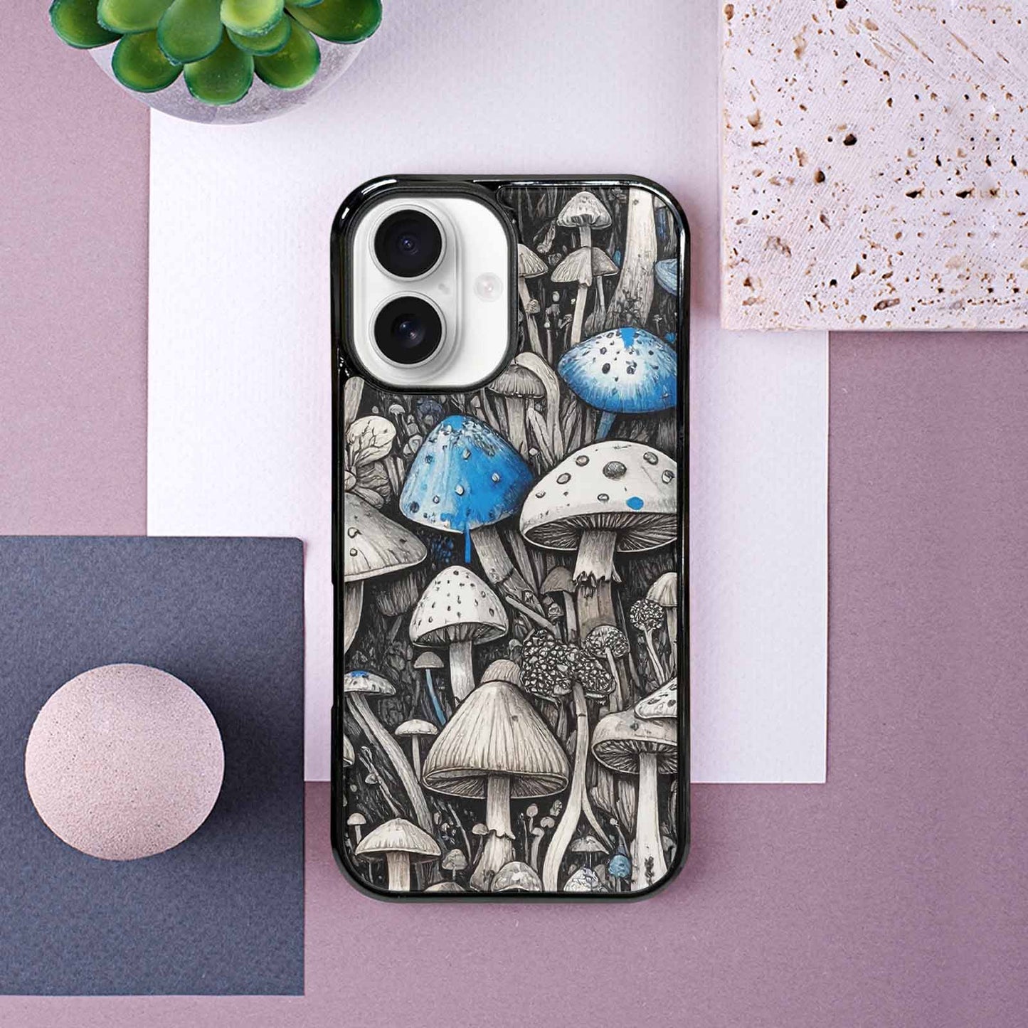 iPhone 16 Case — Mushrooms General Black Blue Ink Mushrooms, Custom Designed Case Cover