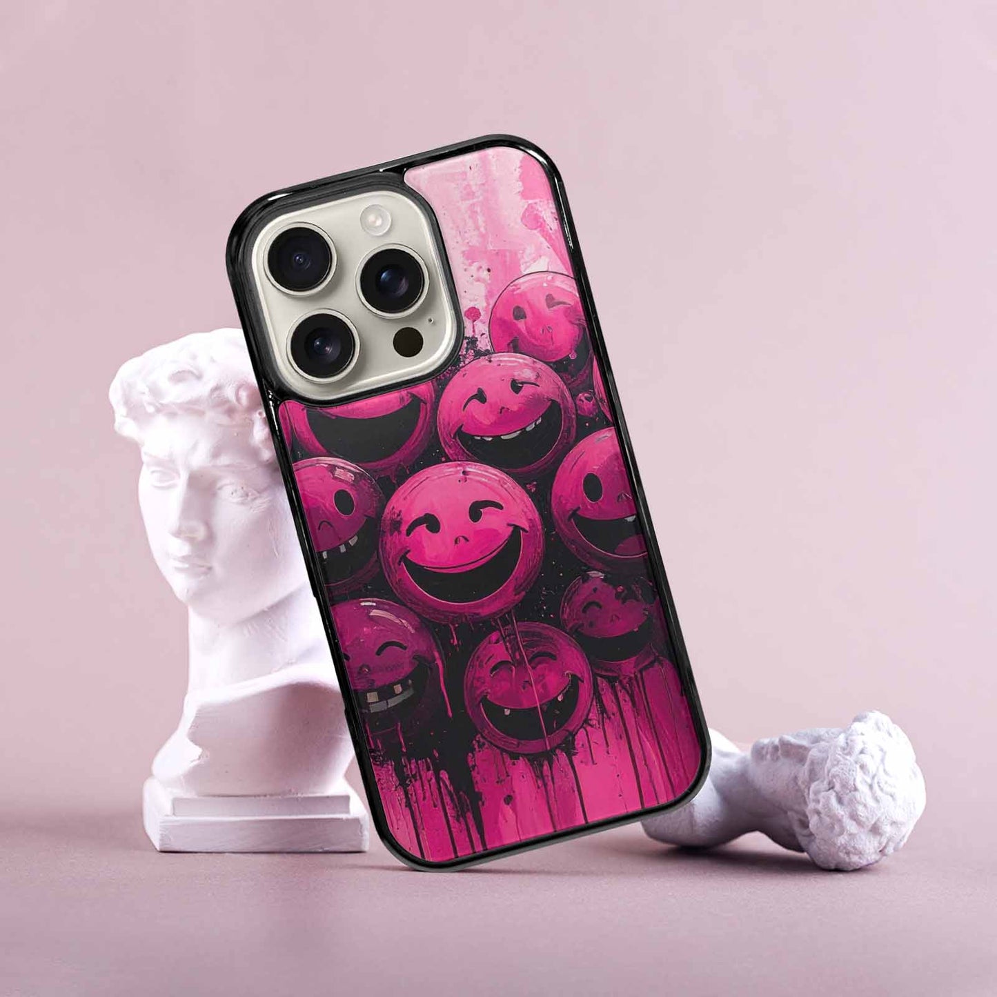 iPhone 16 Pro Case — Melting Moon Smiley Black Pink Ink, Custom Print Case Cover