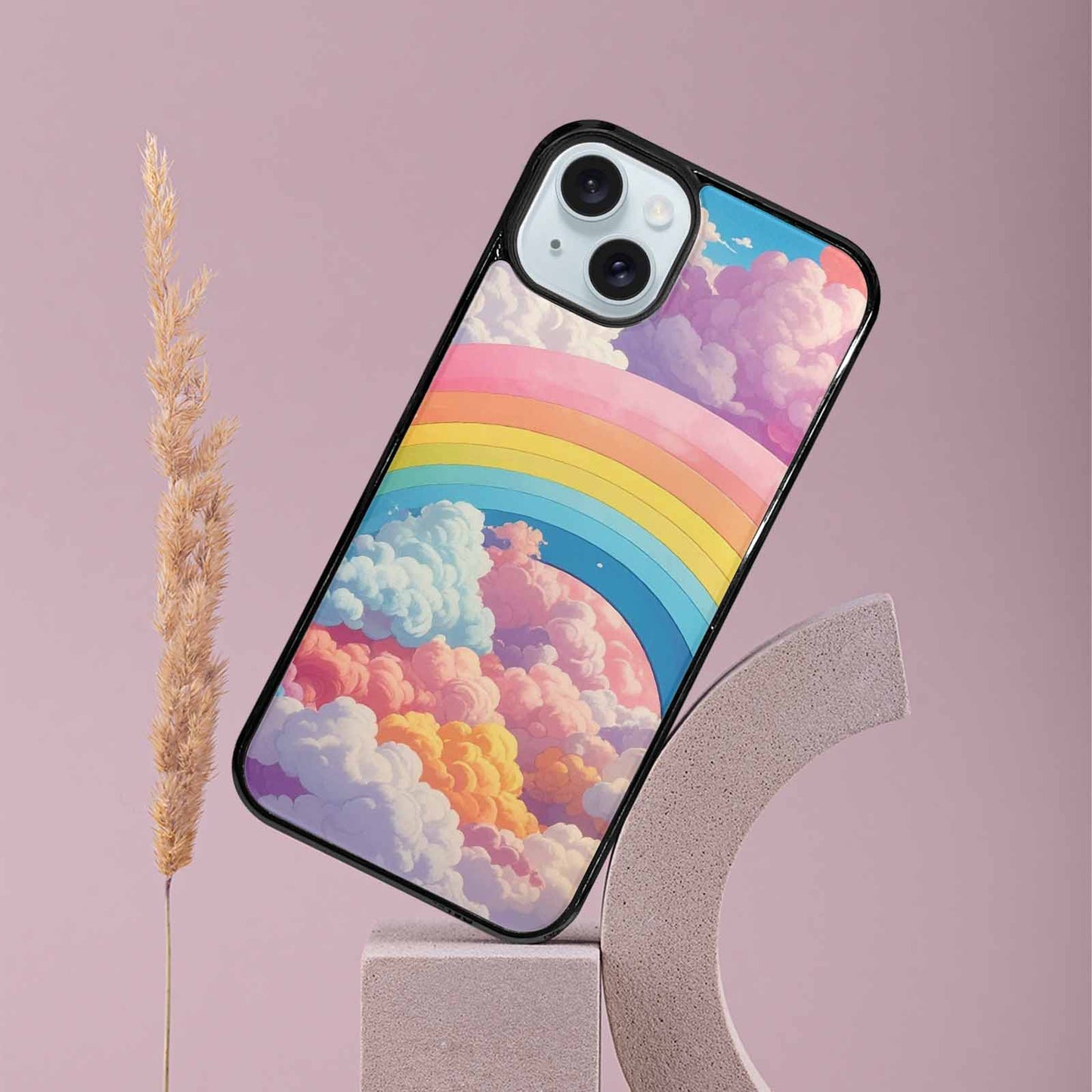 iPhone 15 Plus Case — Cloud And Rainbow Burst Pattern Hundreds, Personalized Phone Case