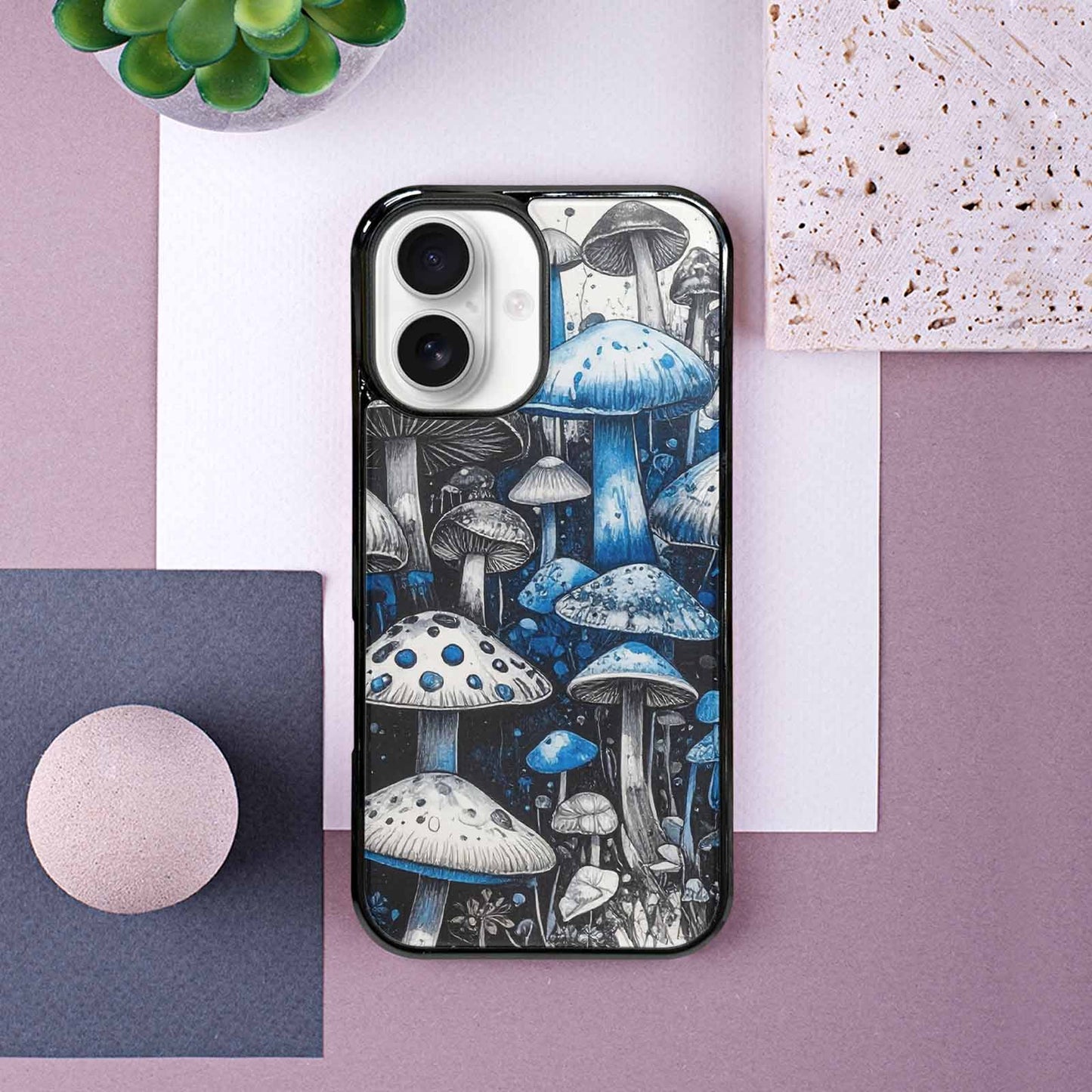 iPhone 16 Case — Mushrooms General Black Blue Ink Mushrooms, Custom Printed Phone Case