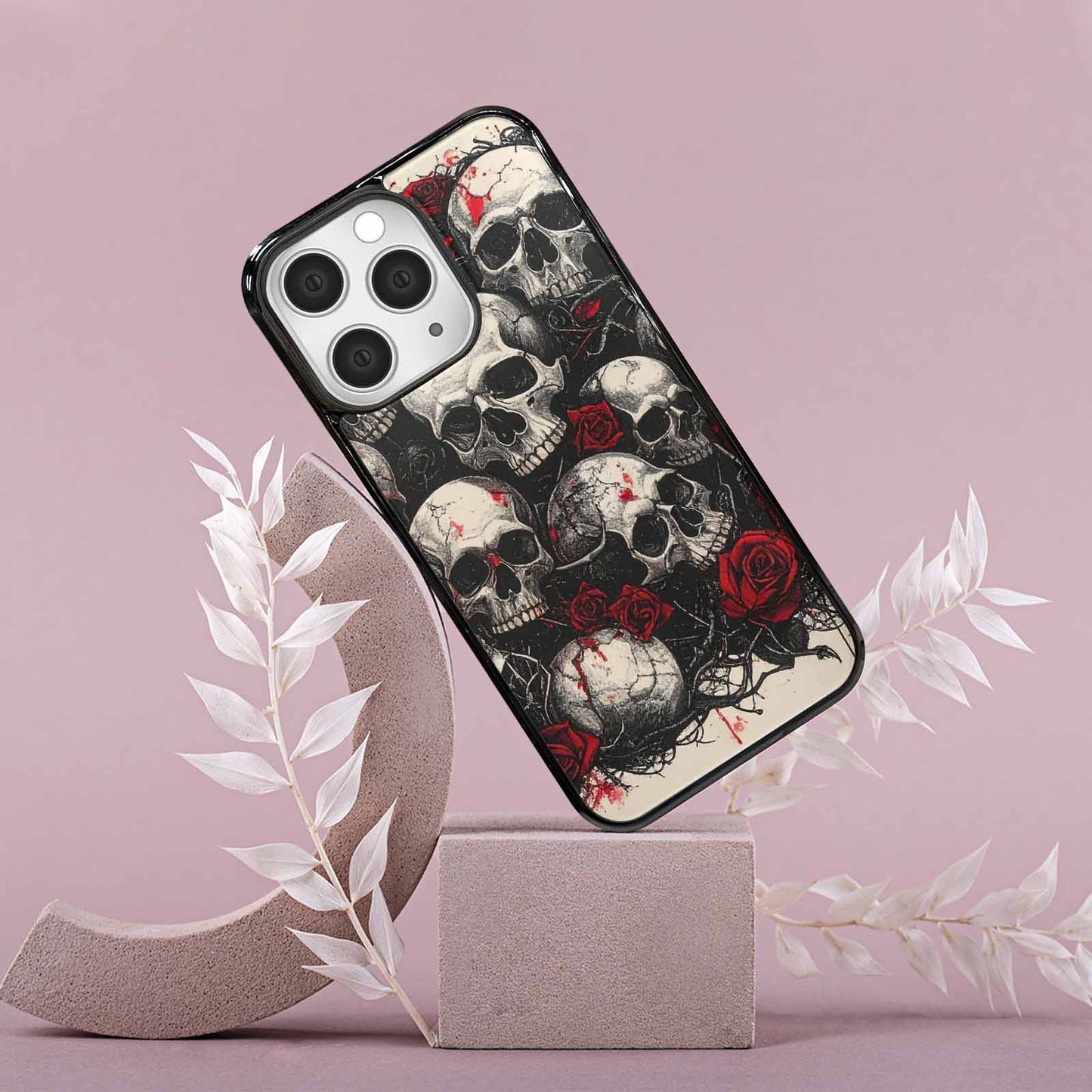 iPhone 15 Pro Max Case — Skull And Roses Black Red Ink, Custom Print Case Cover