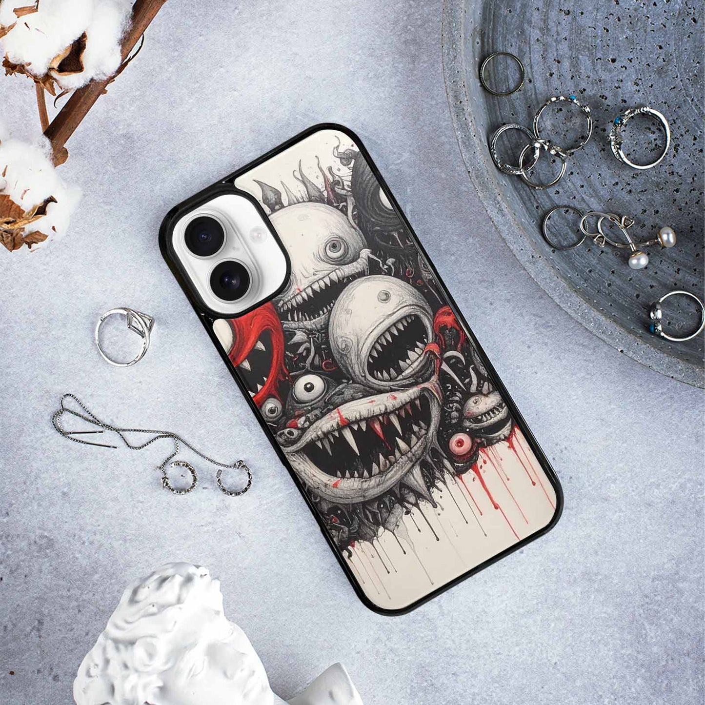 iPhone 16 Plus Case — Multi Eye Monster Black Red Ink, Original Design Phone Case