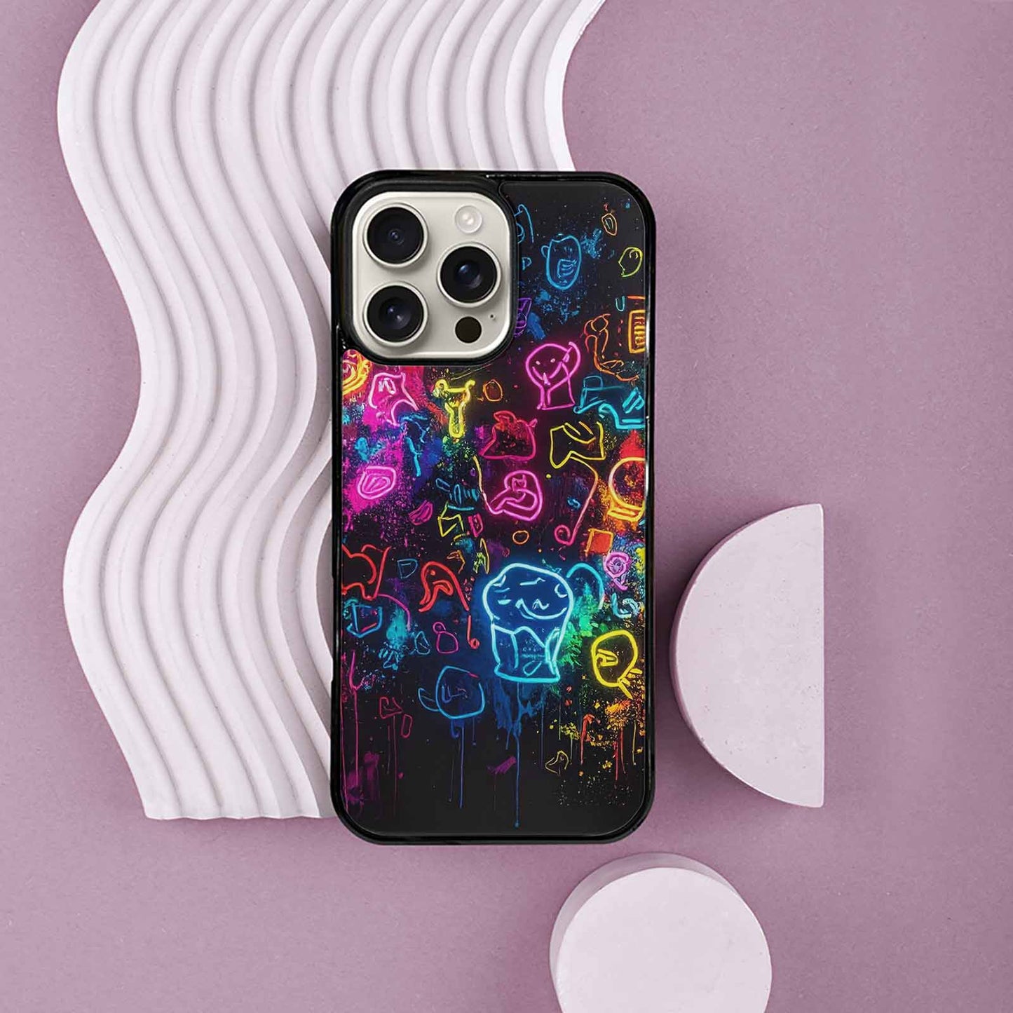 iPhone 16 Pro Max Case — Neon Glow Outline Icon Pattern Hundreds, Custom Printed Phone Case
