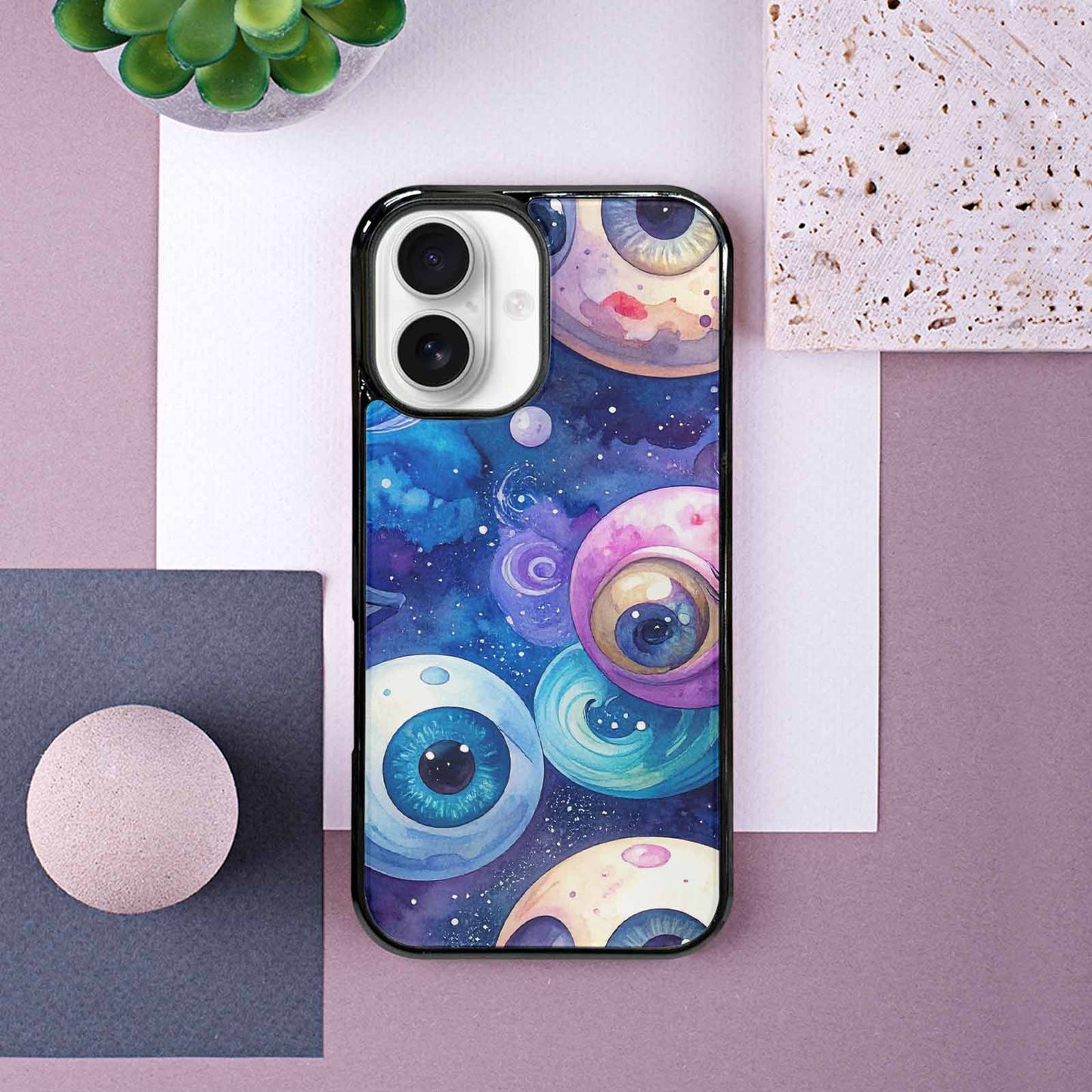 iPhone 16 Case — Cartoon Eyeballs Galaxy, Unique Phone Case Design
