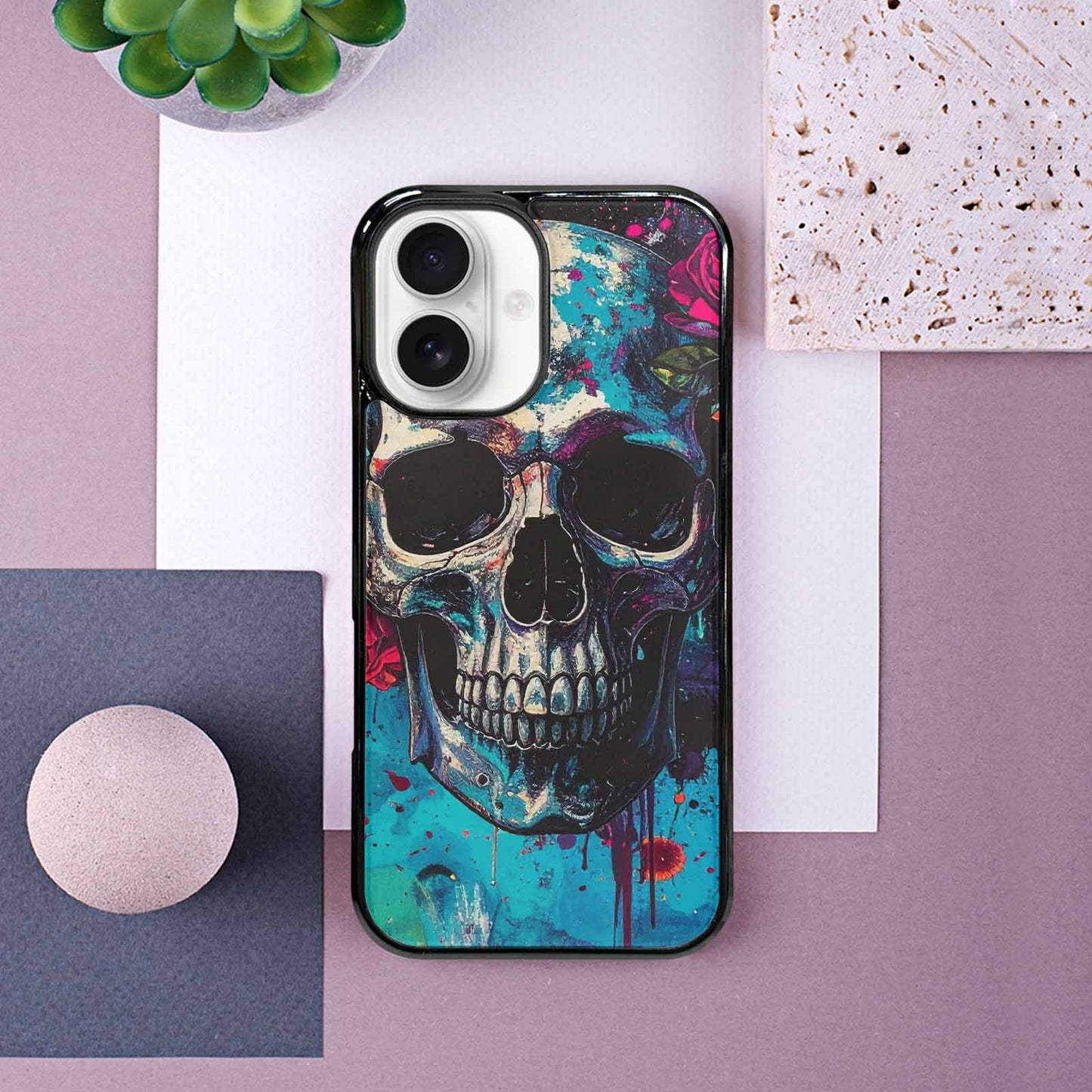 iPhone 16 Case — Skulls Roses Acid Wash Custom, Original Design Phone Case