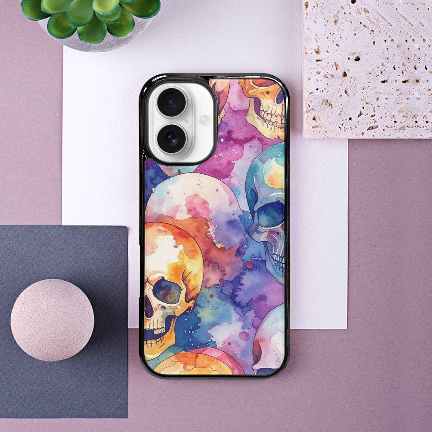iPhone 16 Case — Kulls Watercolor Skulls Small Skull Pattern, Personalized Phone Case