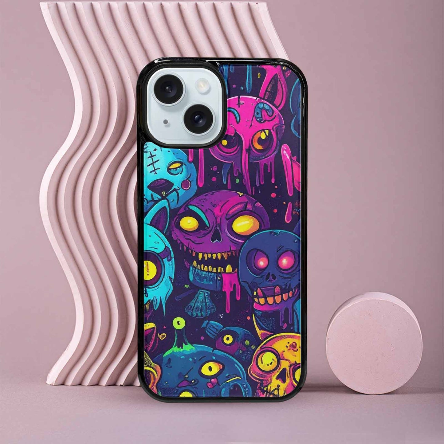 iPhone 15 Case — Mixed Toxic Glow Creature Pattern Hundreds, Custom Designed Case Cover