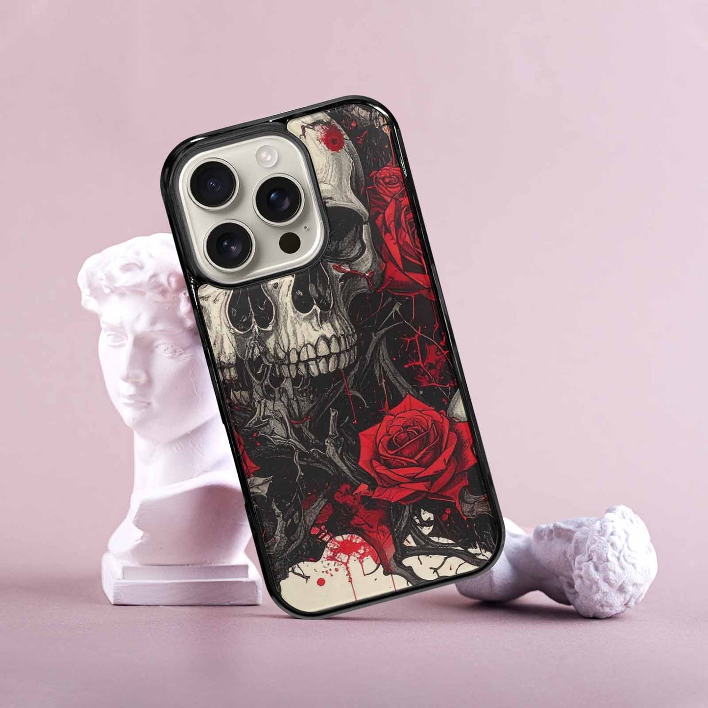 iPhone 16 Pro Case — Skull And Roses Black Red Ink, Custom Phone Case