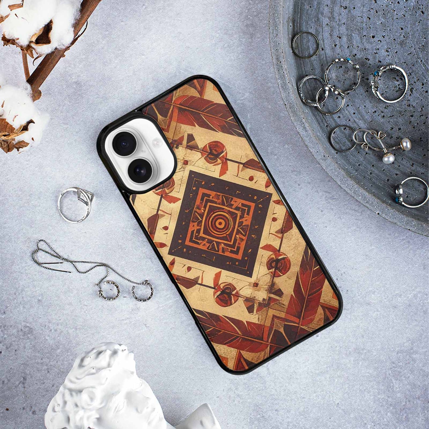 iPhone 16 Plus Case — Native American Geometric Pattern Arrows Feathers, Custom Phone Case