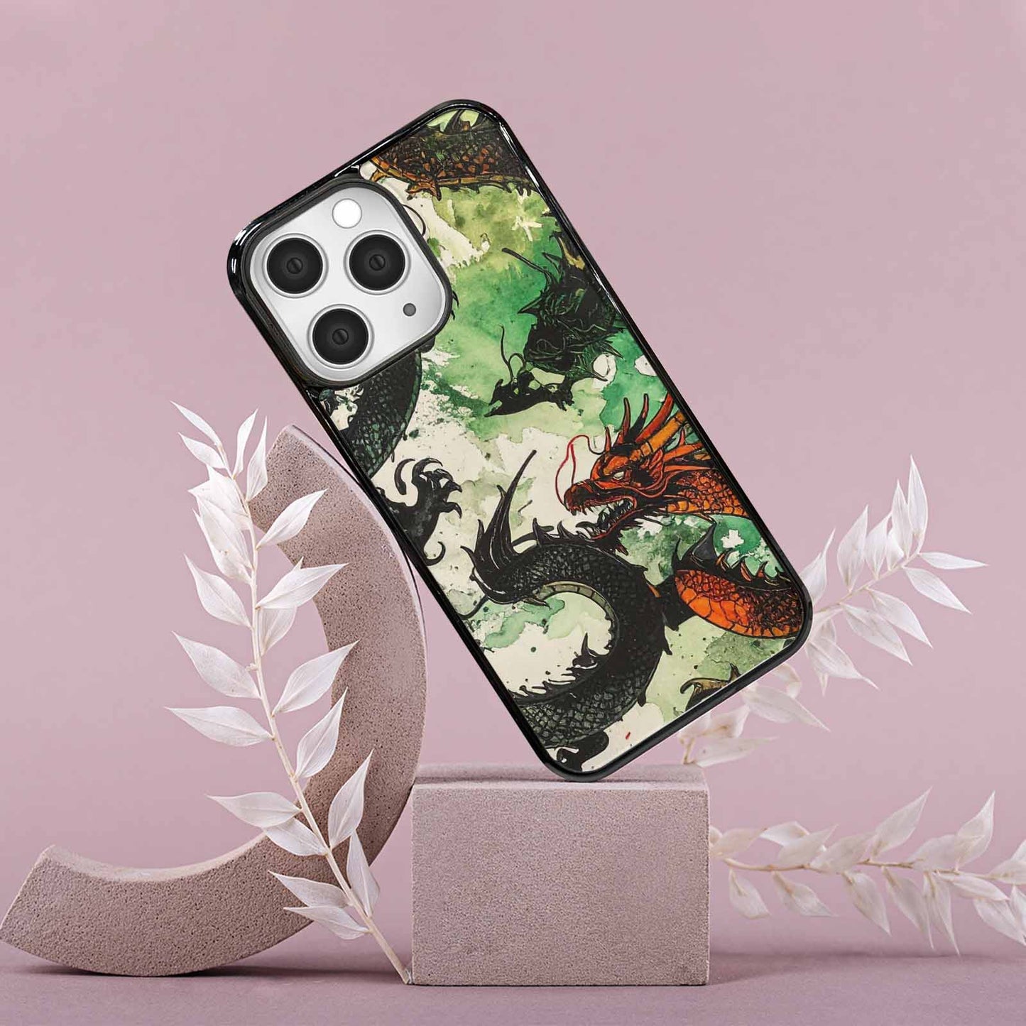 iPhone 15 Pro Max Case — Dragon Scale Black Green Ink Dragons, Unique Phone Case Design