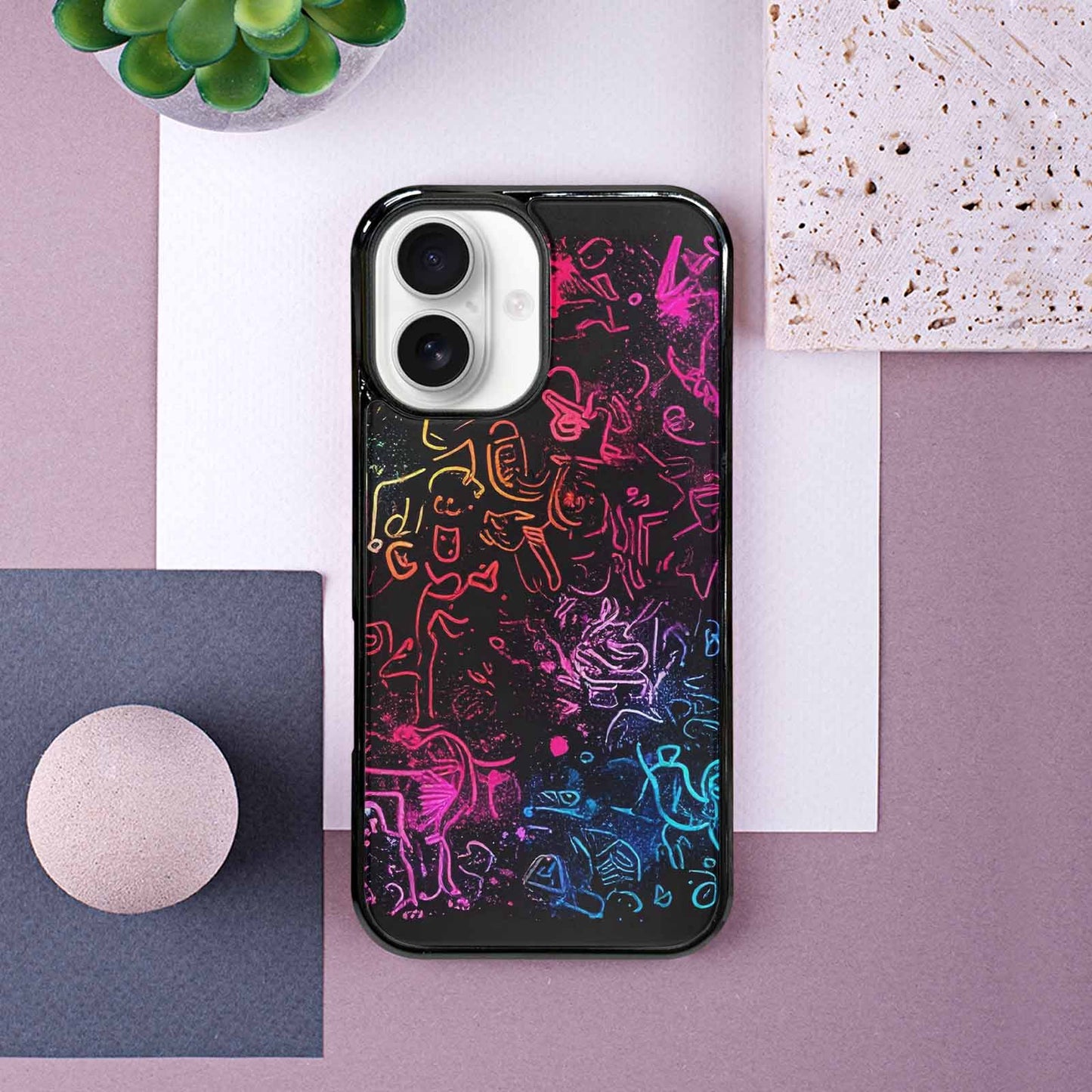 iPhone 16 Case — Neon Glow Outline Icon Pattern Hundreds, Original Design Phone Case