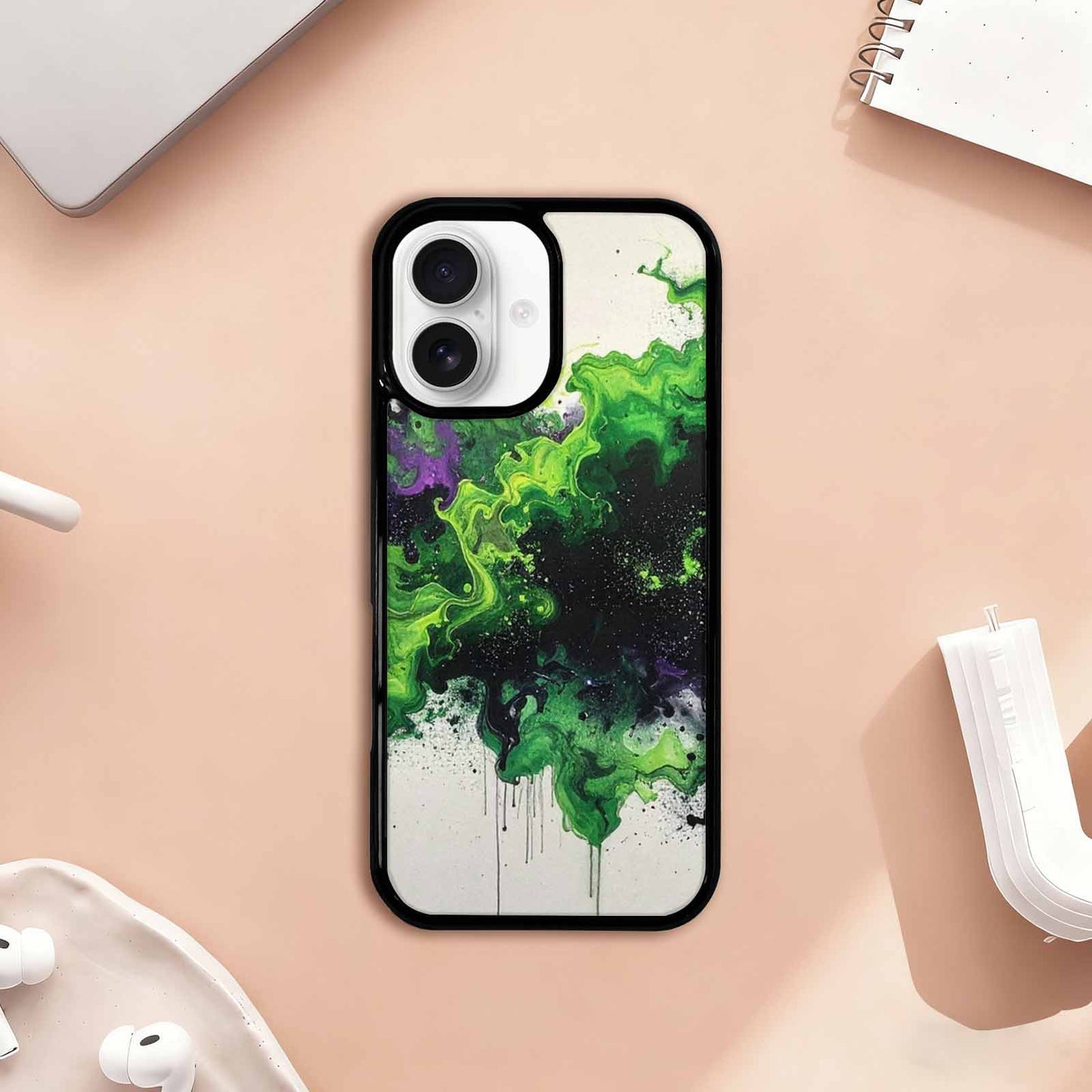 iPhone 17 Case — Black & Green Ink Galaxy Space, Custom Printed Phone Case