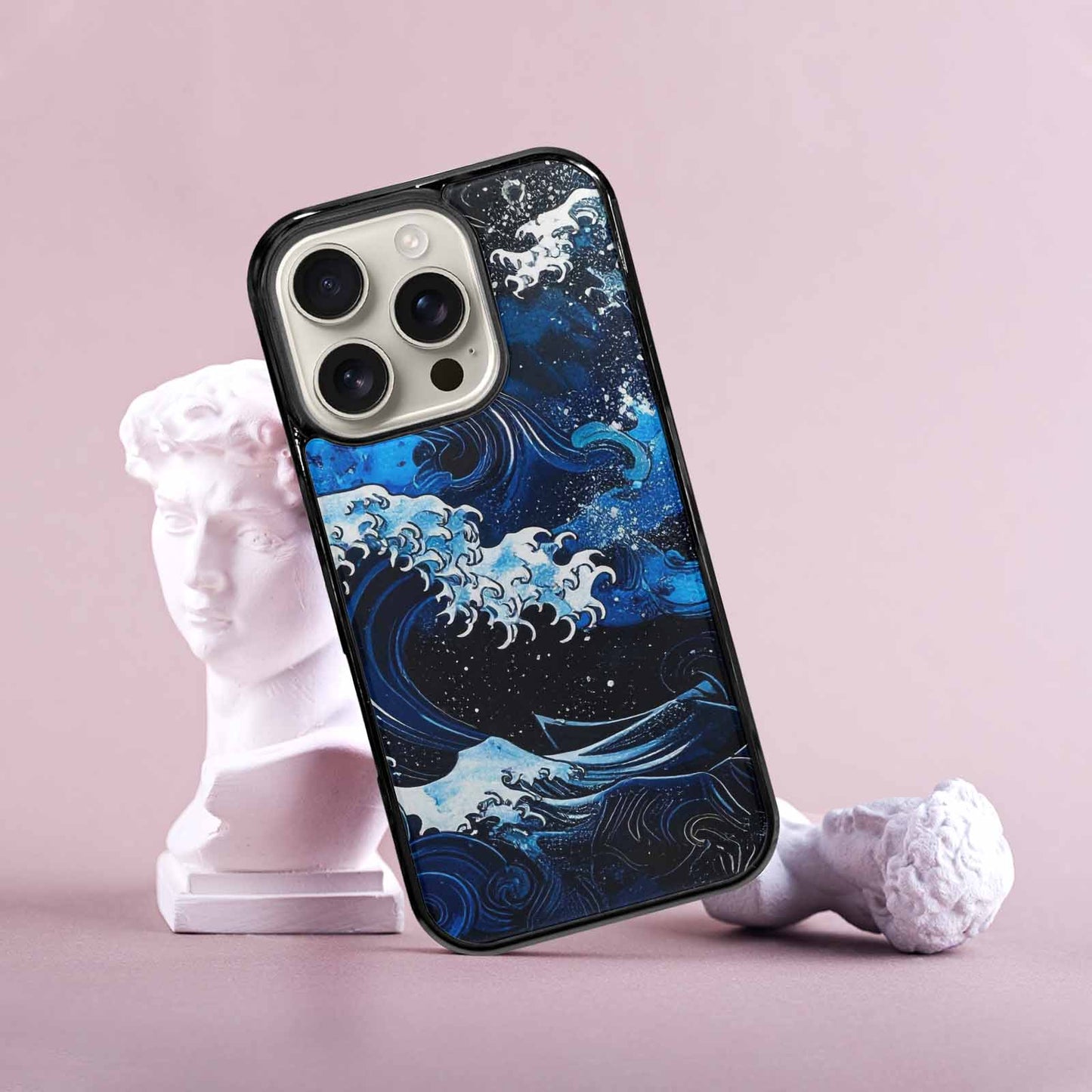 iPhone 16 Pro Case — Nautical Wave Black Blue Ink Wave, Custom Designed Case Cover