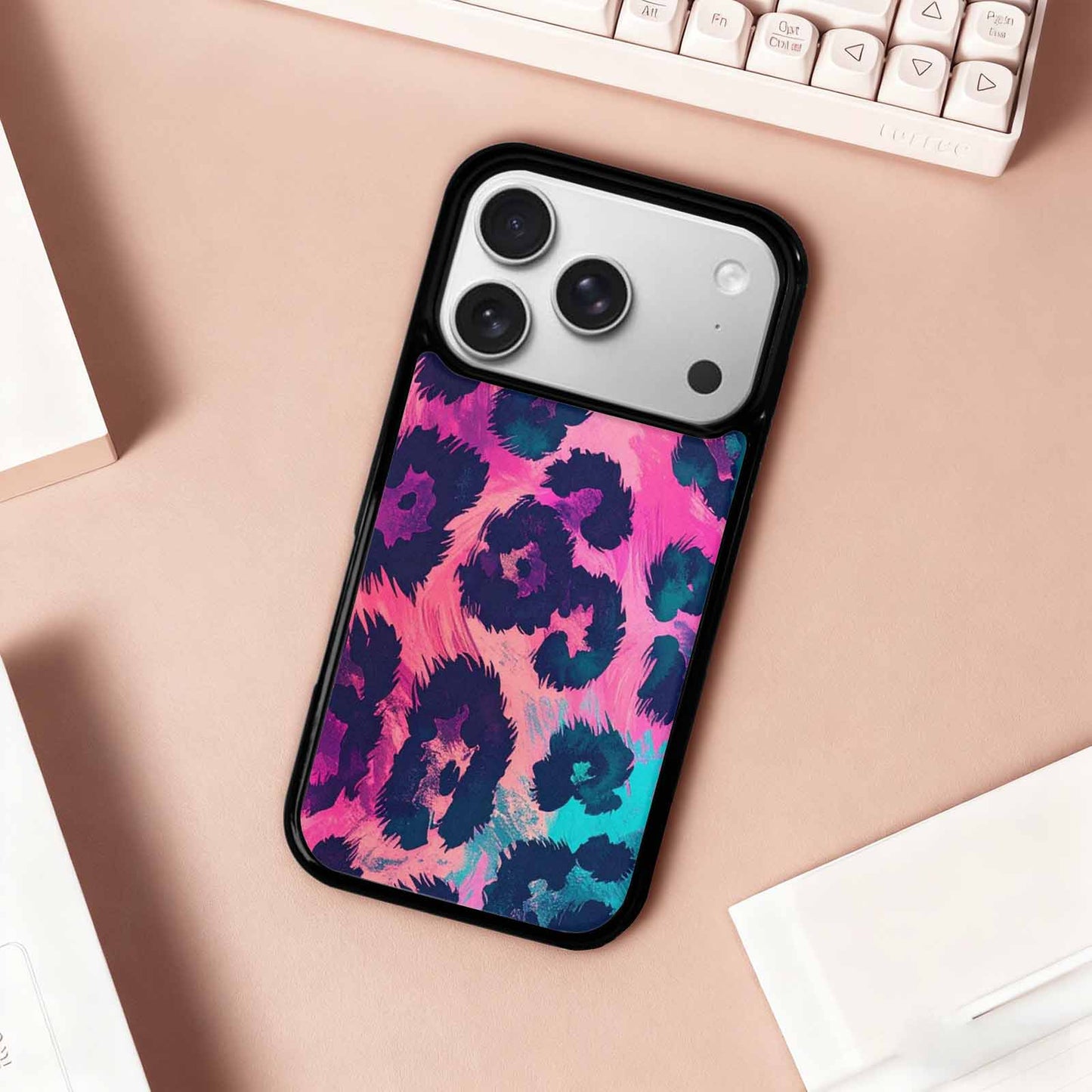 iPhone 17 Pro Case — Leopard Neon Pink Teal Airbrush Animal, Custom Phone Case