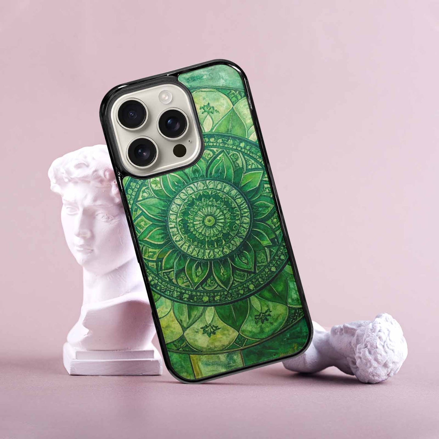 iPhone 16 Pro Case — Green Mandala Bohemian Print Edge To, Custom Made Phone Cover