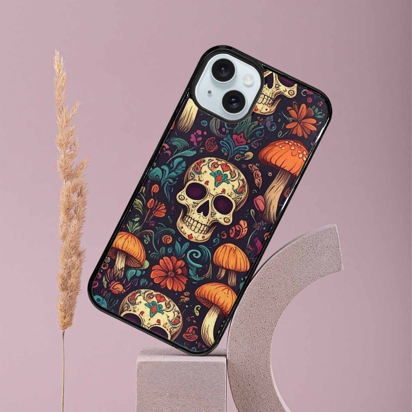iPhone 15 Plus Case — Mushrooms And Skulls, Custom Made Phone Cover