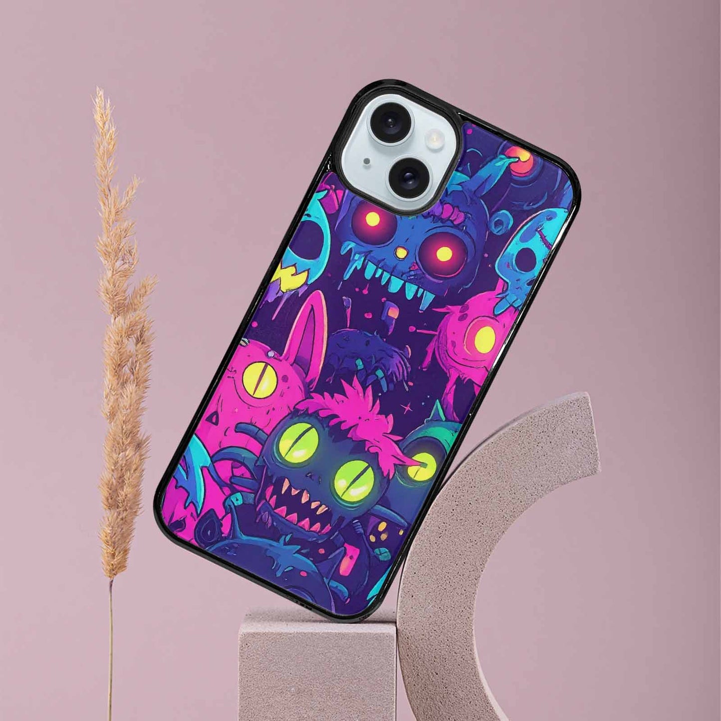 iPhone 15 Plus Case — Mixed Toxic Glow Creature Pattern Hundreds, Custom Print Case Cover