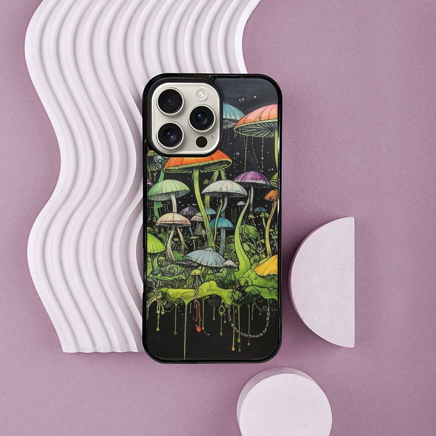 iPhone 16 Pro Max Case — Rainbow Drip Mushrooms Black Green Ink, Custom Designed Case Cover