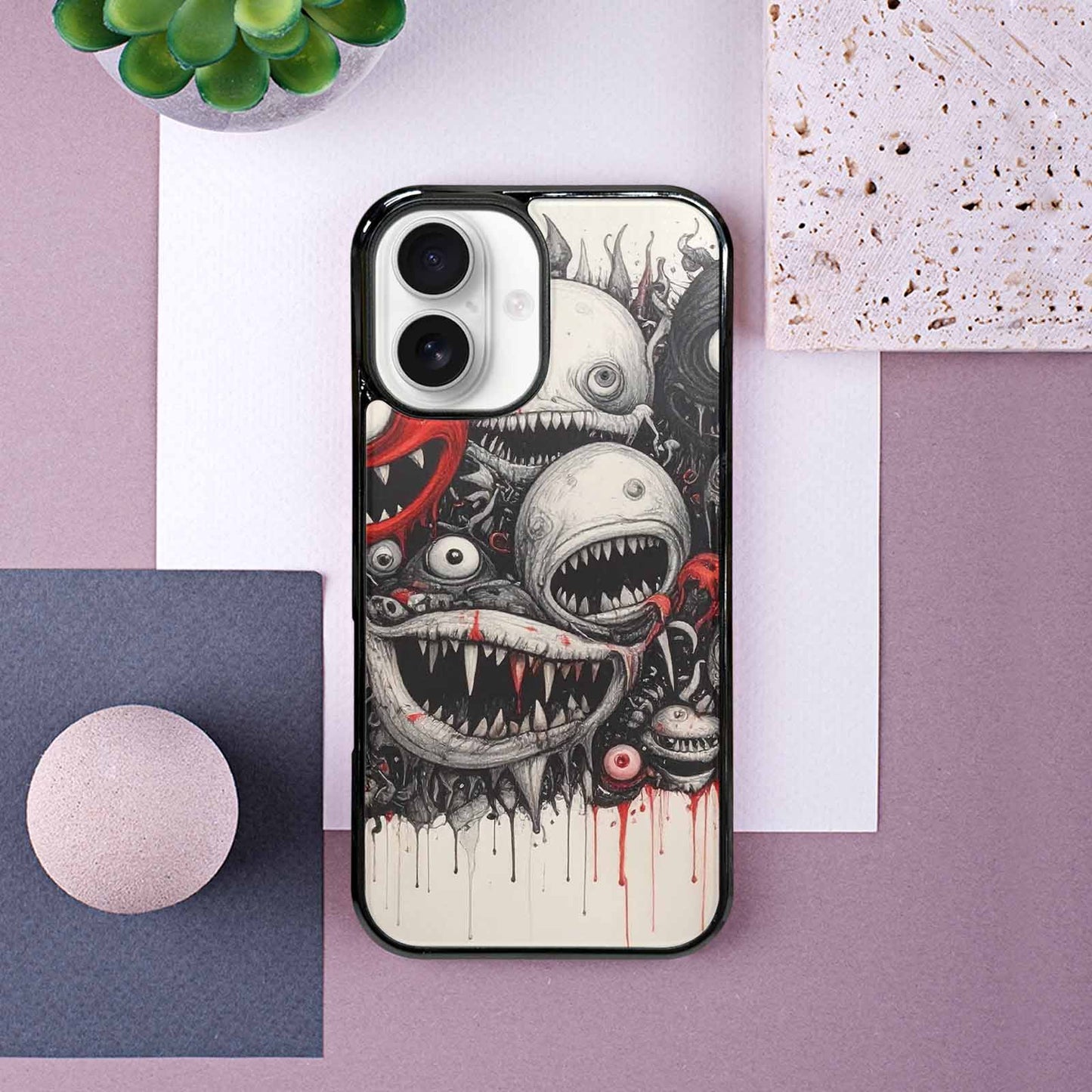 iPhone 16 Case — Multi Eye Monster Black Red Ink, Custom Art Phone Cover
